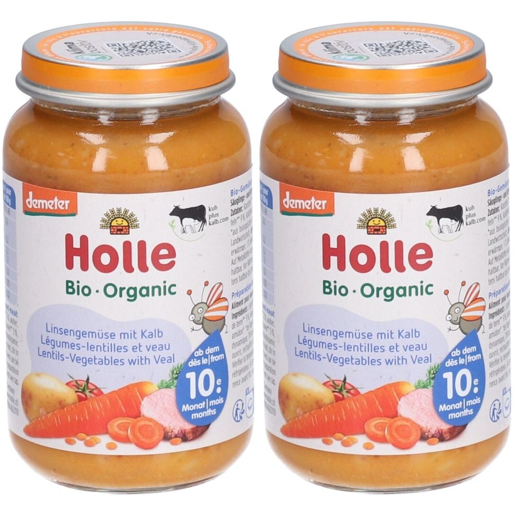 Deux pots de Holle Bio-Organic Lentilles-légumes et veau. Inscription: à partir de 10 mois. Label Demeter.