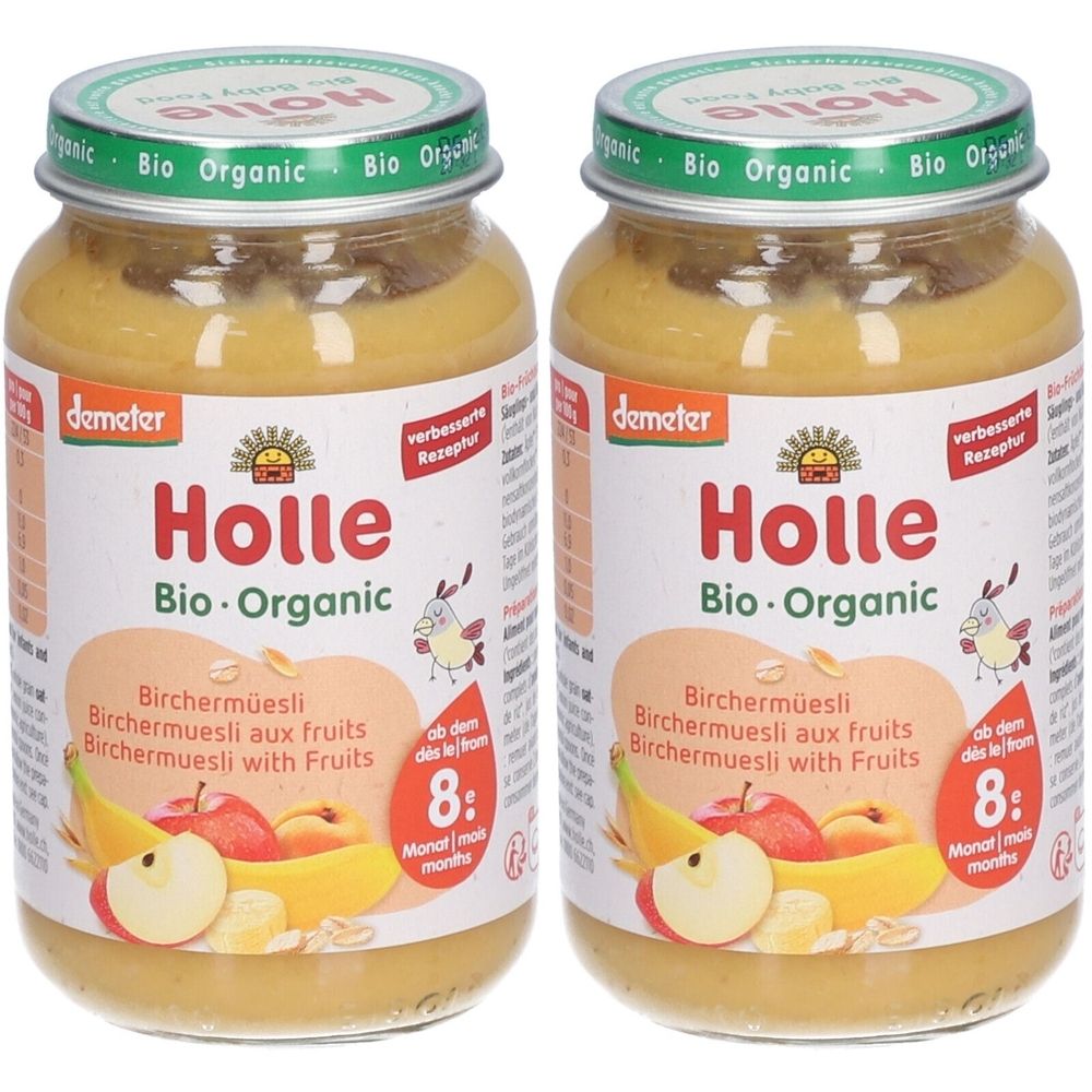 Deux pots de Holle Bio-Organic Birchermüsli aux fruits. Inscriptions : Holle, Bio-Organic, Birchermüsli aux fruits, à partir de 8 mois. Label Demeter.