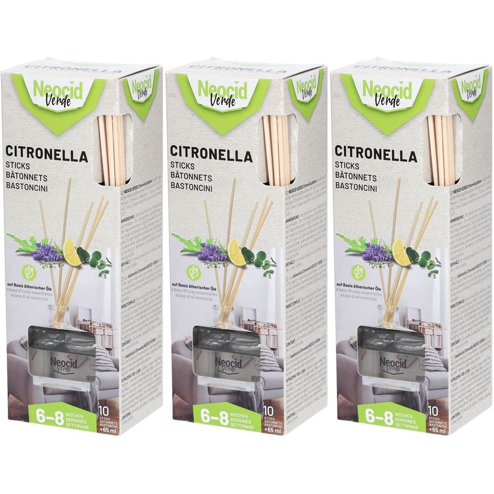 Trois boîtes de Neocid Verde Citronella Sticks. Chaque boîte présente des bâtonnets, une illustration et le nom du produit.