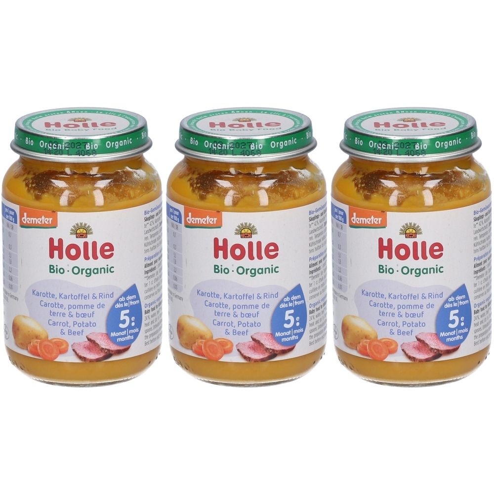 Trois pots de nourriture pour bébé. Inscription : Holle Bio-Organic. Contenu : Carotte, pomme de terre et bœuf. Dès 5 mois. Label Demeter.