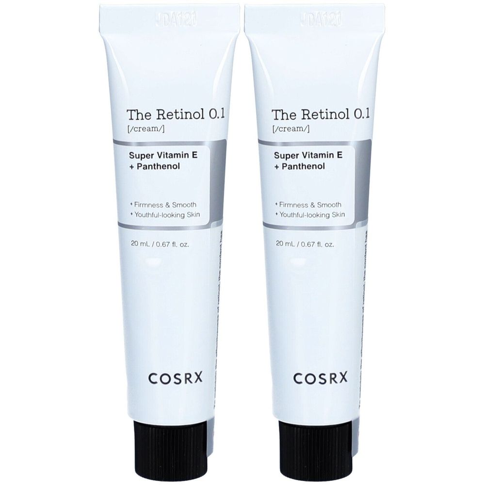Deux tubes de crème. Inscription: The Retinol 0.1, Super Vitamin E + Panthenol, COSRX. 20 ml.