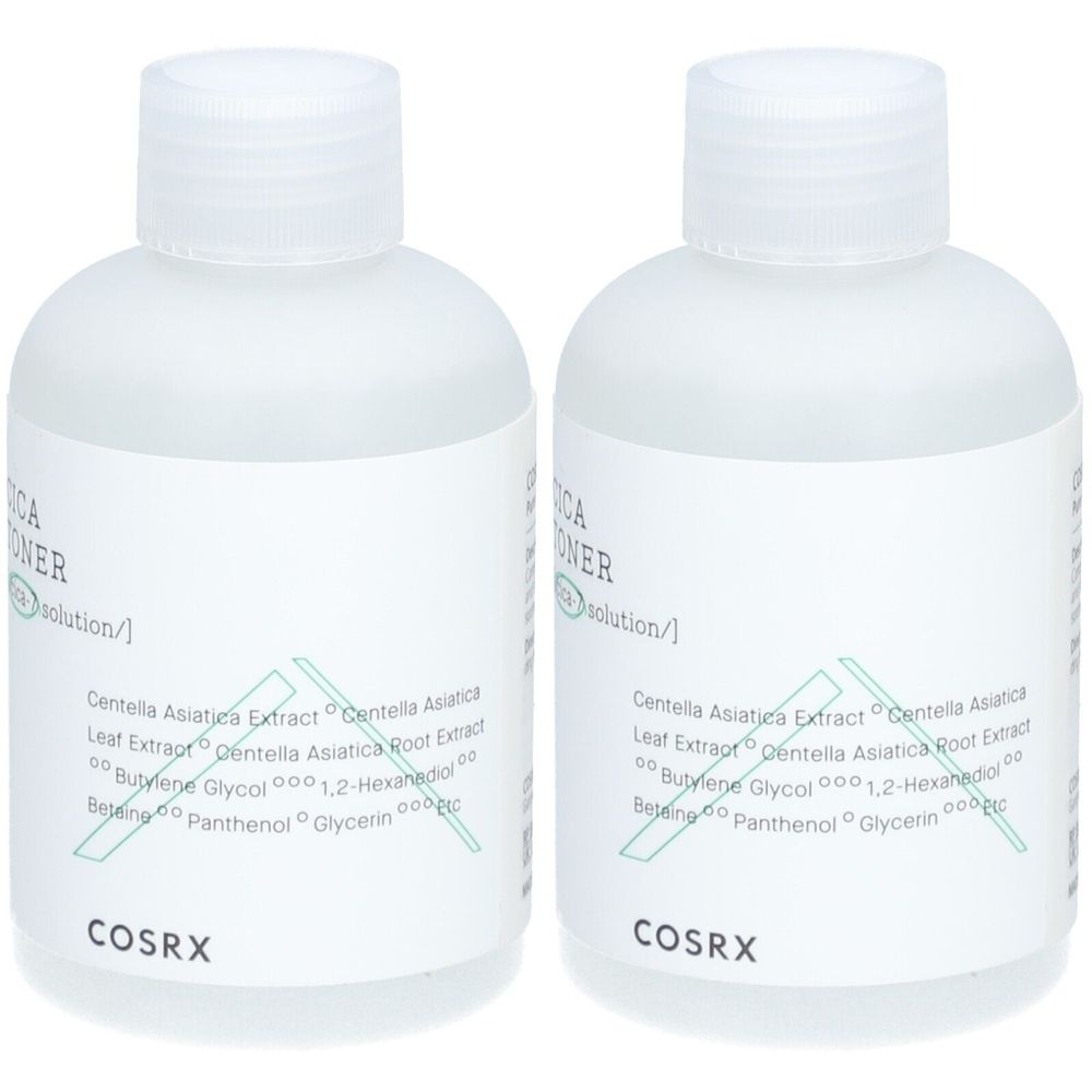 Deux flacons transparents avec bouchons et étiquettes blancs. L'étiquette indique "Cica Toner" et "COSRX".