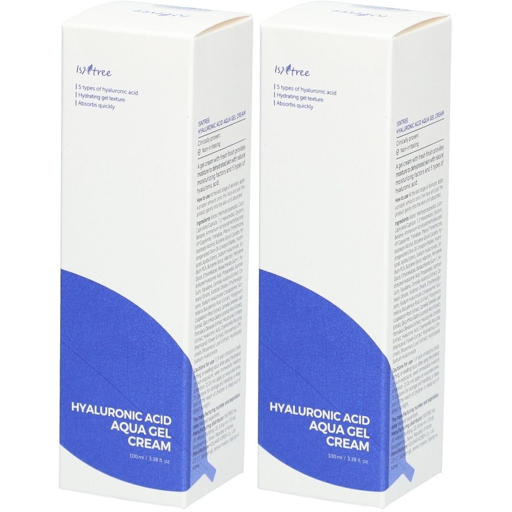 Deux boîtes blanches avec graphisme bleu. Inscription: Hyaluronic Acid Aqua Gel Crème. Marque: ISNTREE.