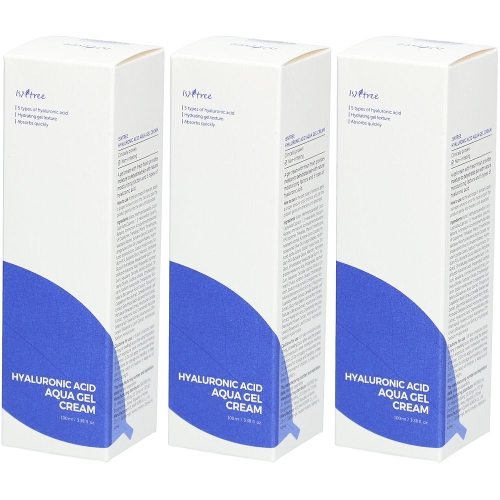 Trois boîtes blanches avec graphique bleu et texte. Inscription: Hyaluronic Acid Aqua Gel Cream.