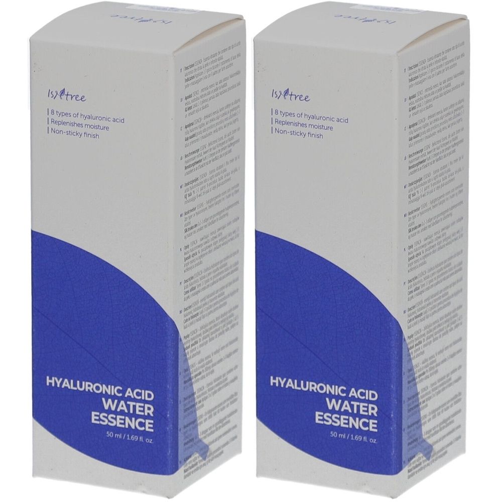 Deux boîtes rectangulaires avec une forme d'onde bleue. Inscription: Essence d'eau à l'acide hyaluronique. Marque: Isntree.