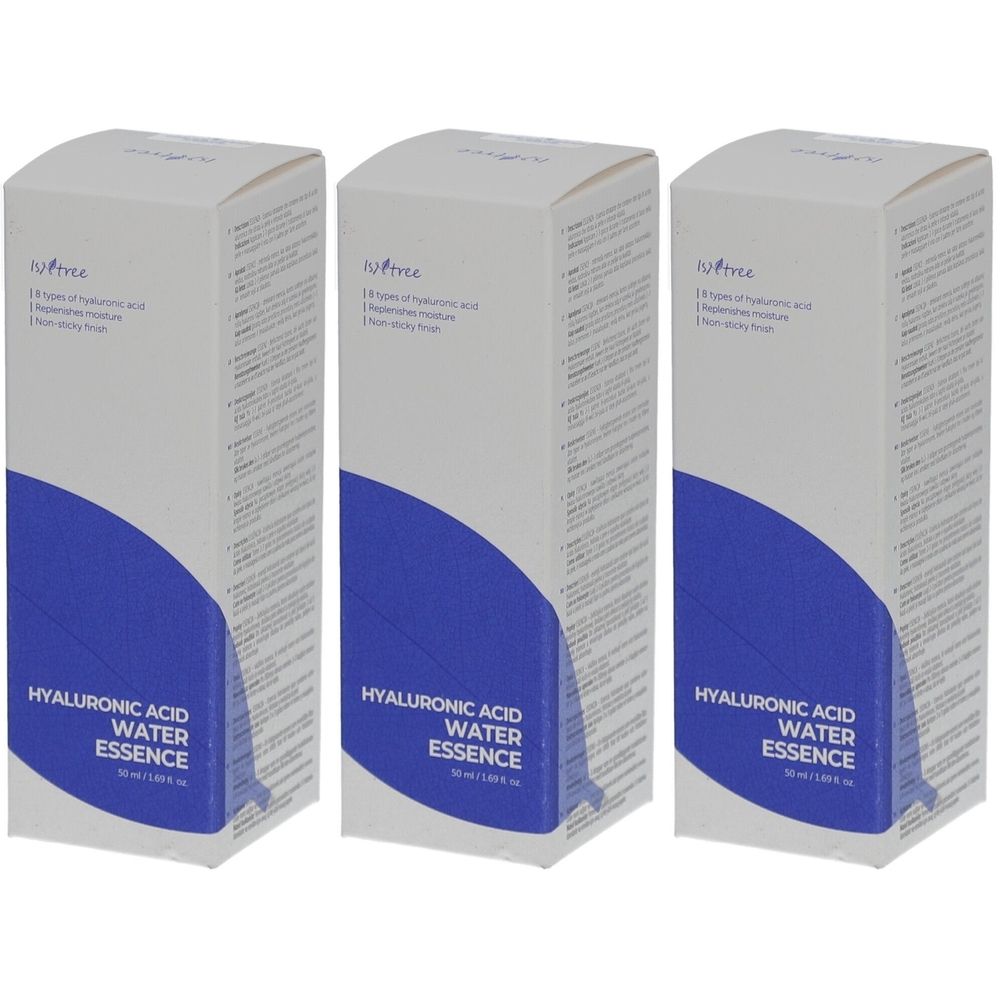 Trois boîtes rectangulaires avec un accent bleu. Inscription: HYALURONIC ACID WATER ESSENCE. Marque: Isntree.