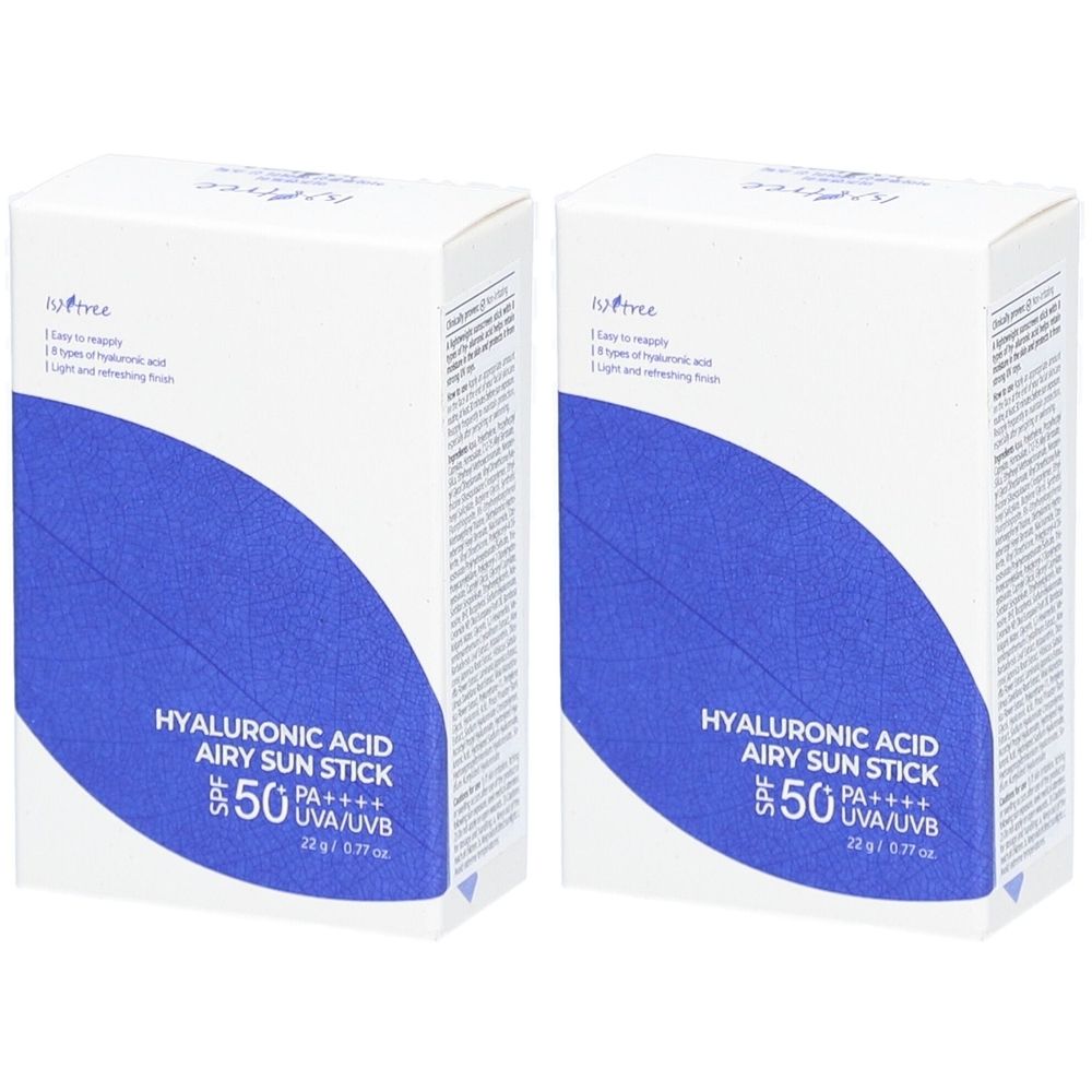 Deux boîtes blanches avec un motif bleu. Inscription: Hyaluronic Acid Airy Sun Stick, SPF 50, PA++++.