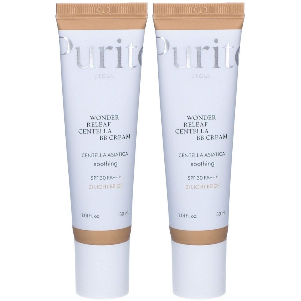 Deux tubes de crème BB. Tubes blancs avec contenu beige clair. Inscription : Purito, Wonder Releaf Centella BB Cream, SPF 30 PA+++, 21 Light Beige.