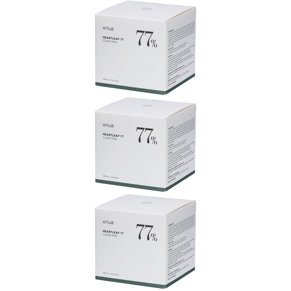 Trois boîtes carrées blanches. Sur le devant, "Anua Heartleaf 77% Clear Pad". Grand "77%" et texte.