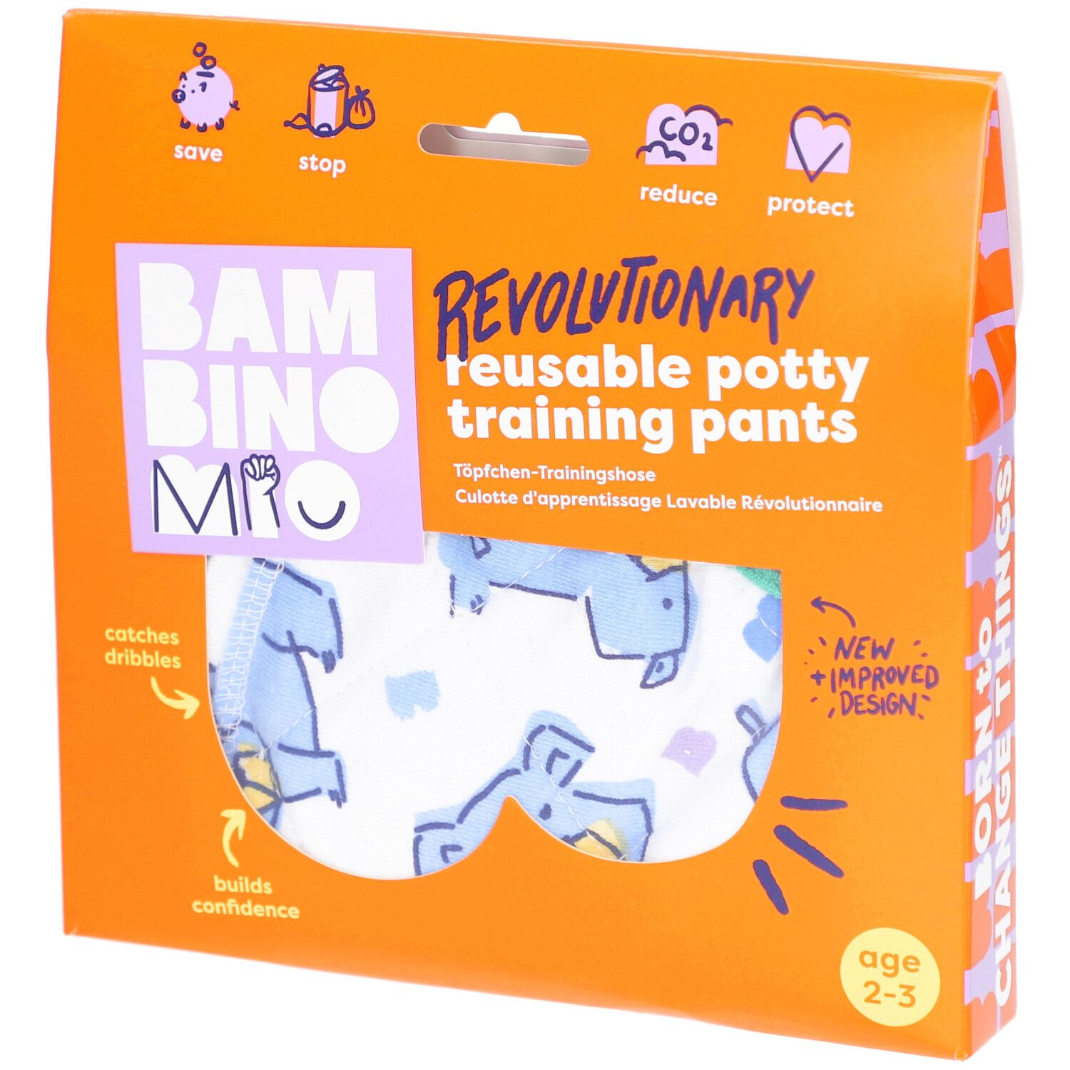 Emballage de culotte d'apprentissage lavable. Boîte orange avec nom du produit, âge 2-3 ans et illustrations.