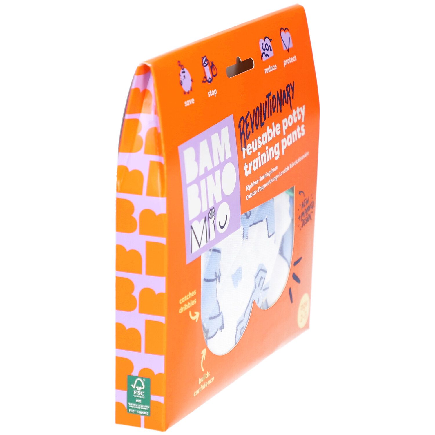 Vue latérale de l'emballage de la culotte d'apprentissage lavable. Boîte orange avec nom du produit et logo FSC.