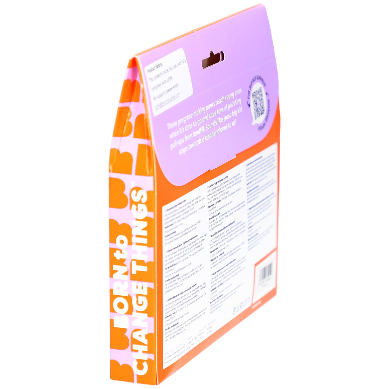 Vue latérale de l'emballage avec texte: Born to change things. Informations sur la culotte d'apprentissage lavable.