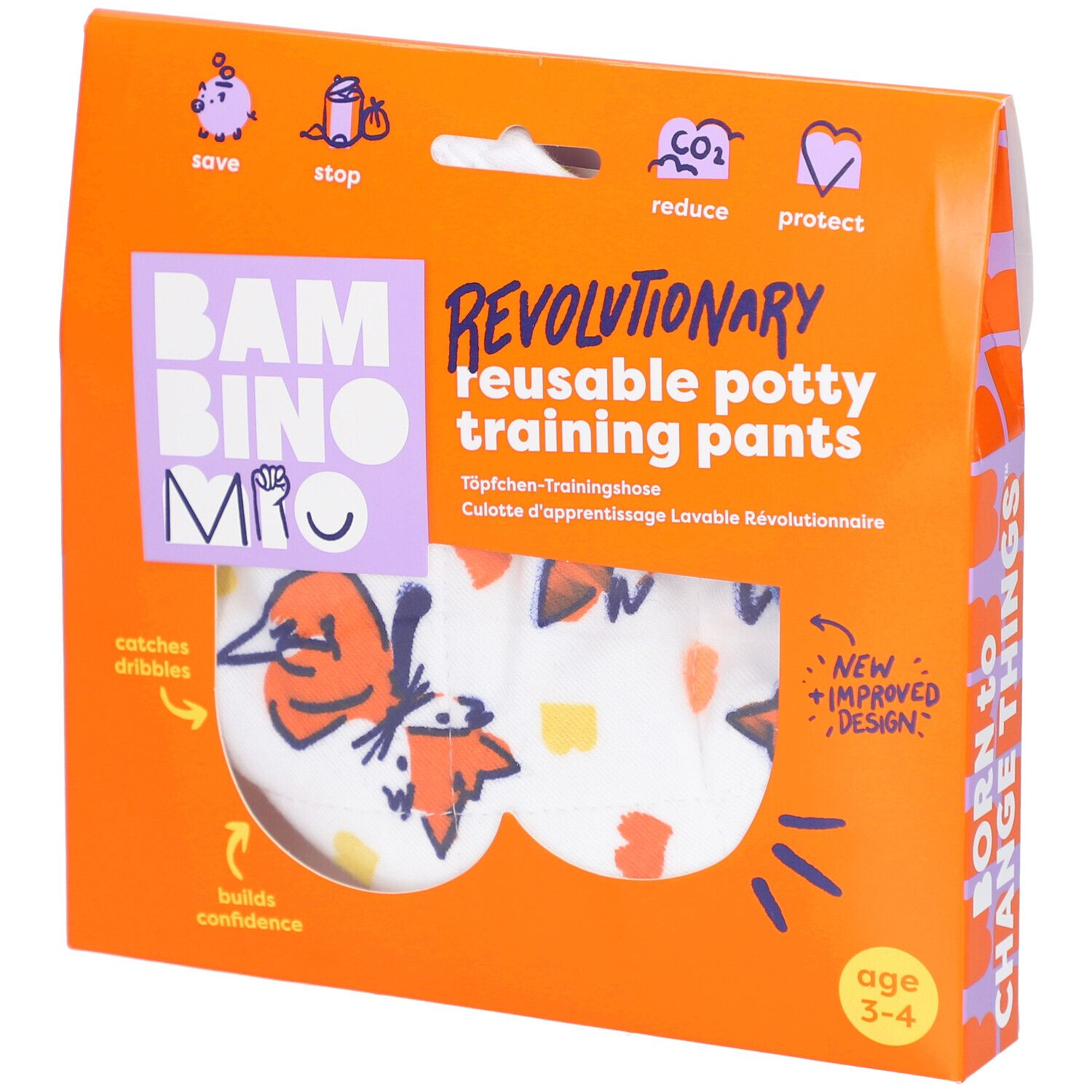 Emballage de culottes d'apprentissage réutilisables. Emballage orange avec nom du produit et indication d'âge 3-4 ans.