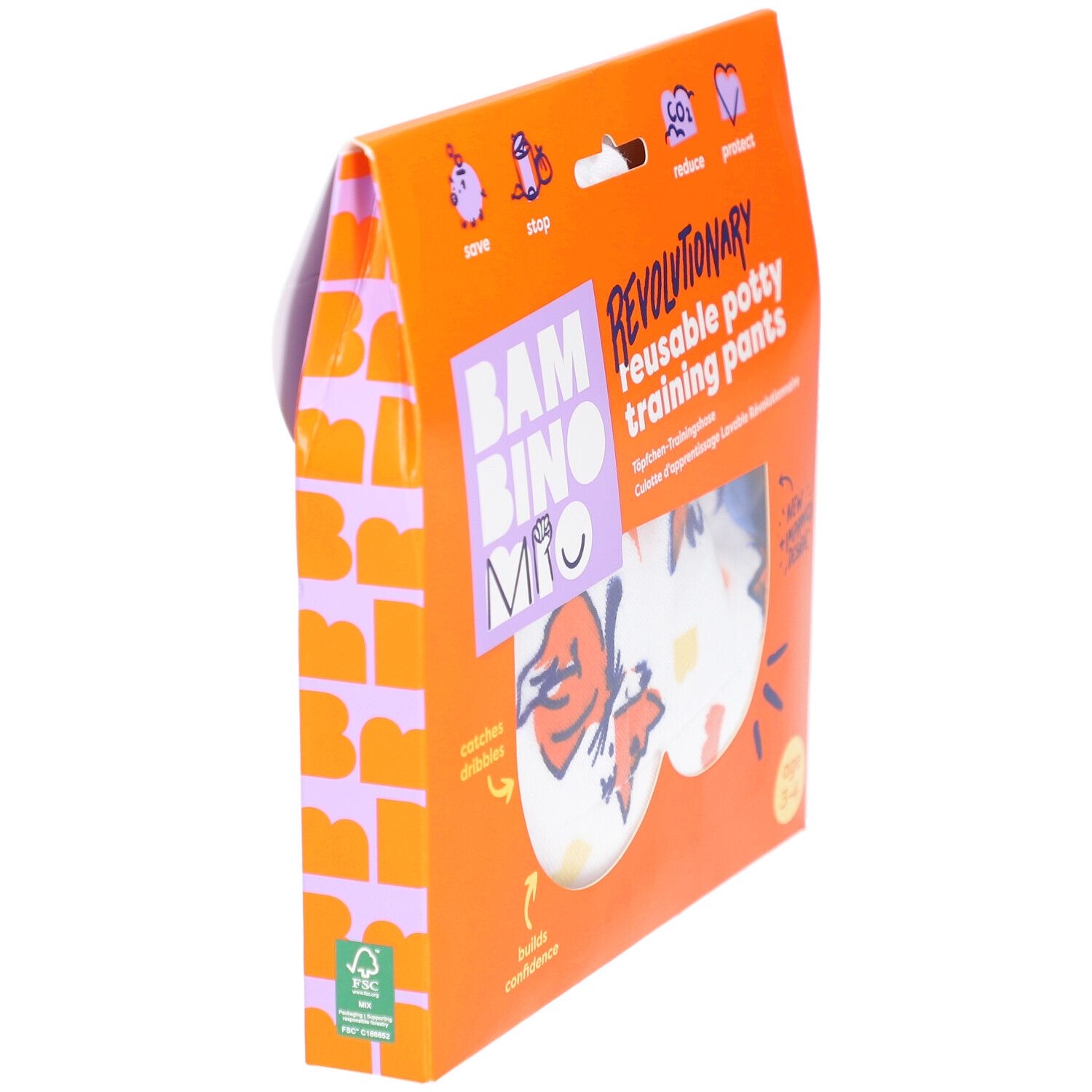 Vue en biais de l'emballage de culottes d'apprentissage réutilisables. Emballage orange avec nom du produit et logo.
