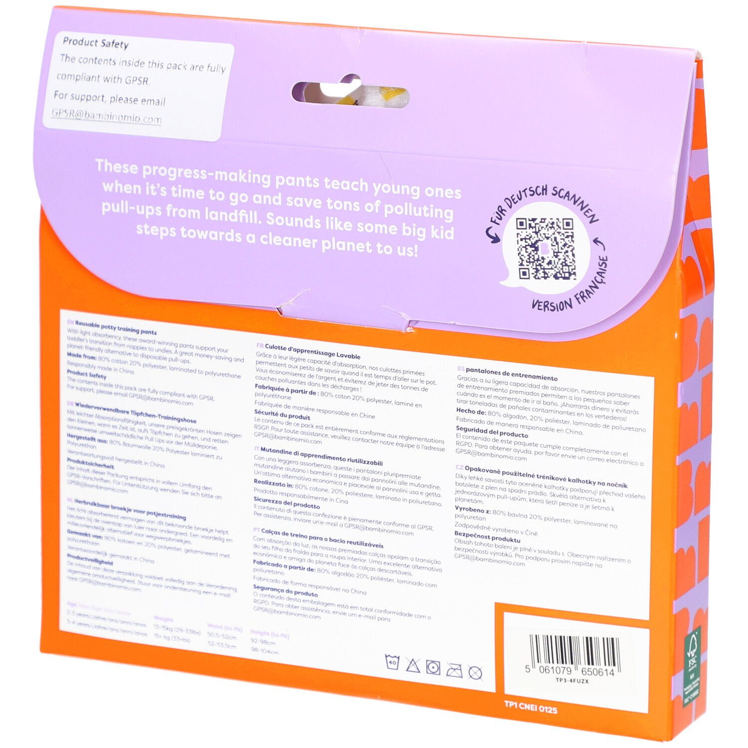 Dos de l'emballage avec texte multilingue. Code QR et informations sur la sécurité du produit.