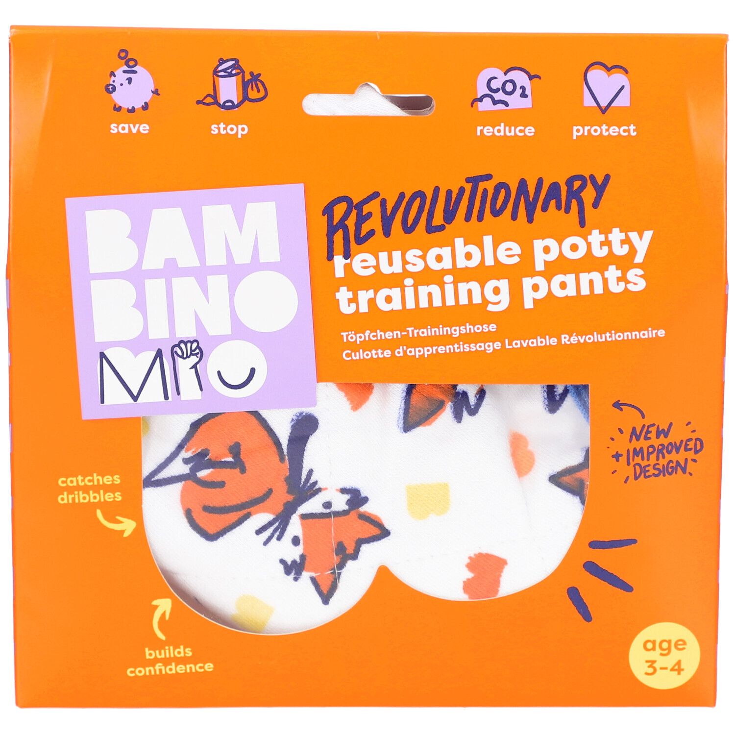 Emballage de culottes d'apprentissage réutilisables. Emballage orange avec nom du produit et indication d'âge 3-4 ans.