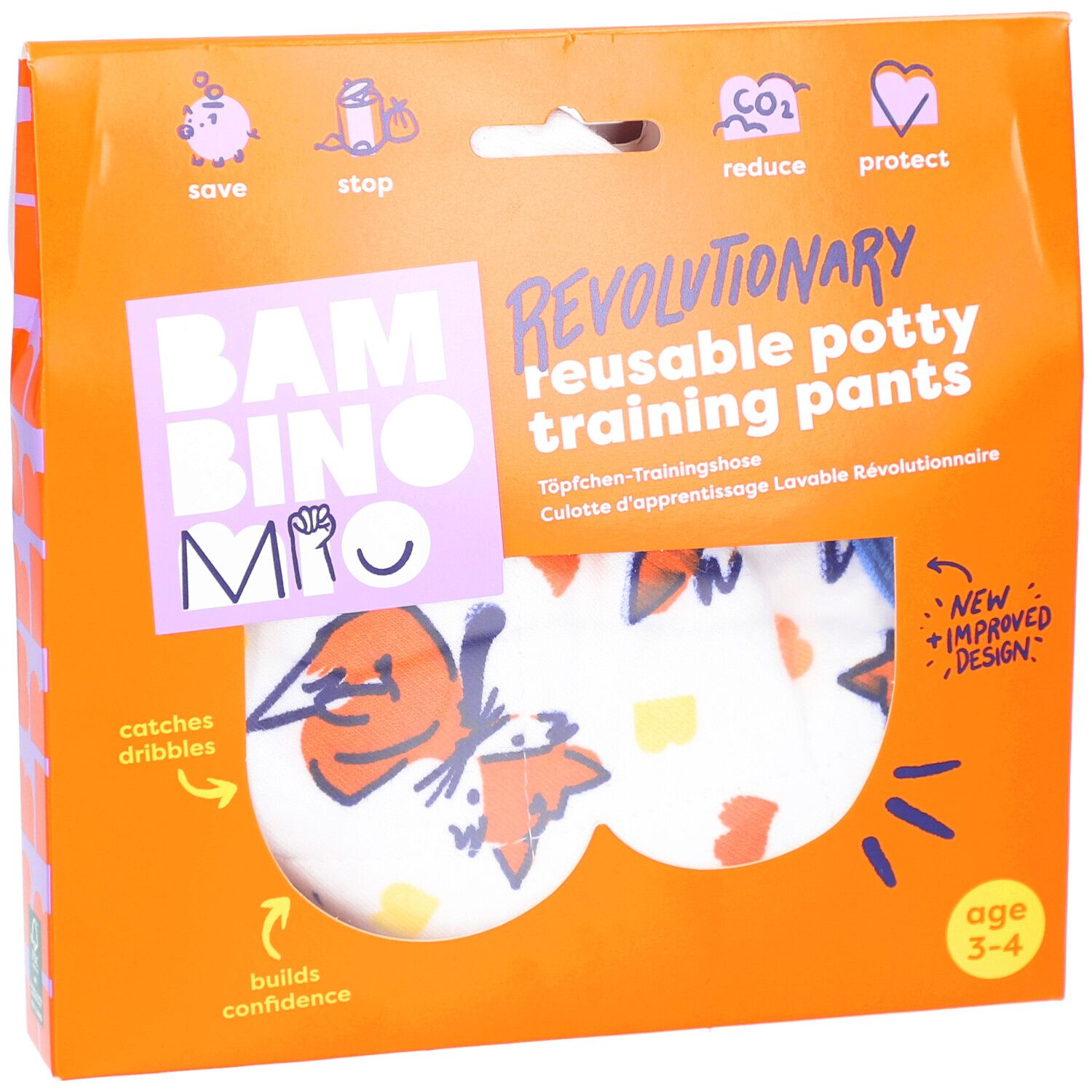 Emballage de culottes d'apprentissage réutilisables. Emballage orange avec nom du produit et indication d'âge 3-4 ans.