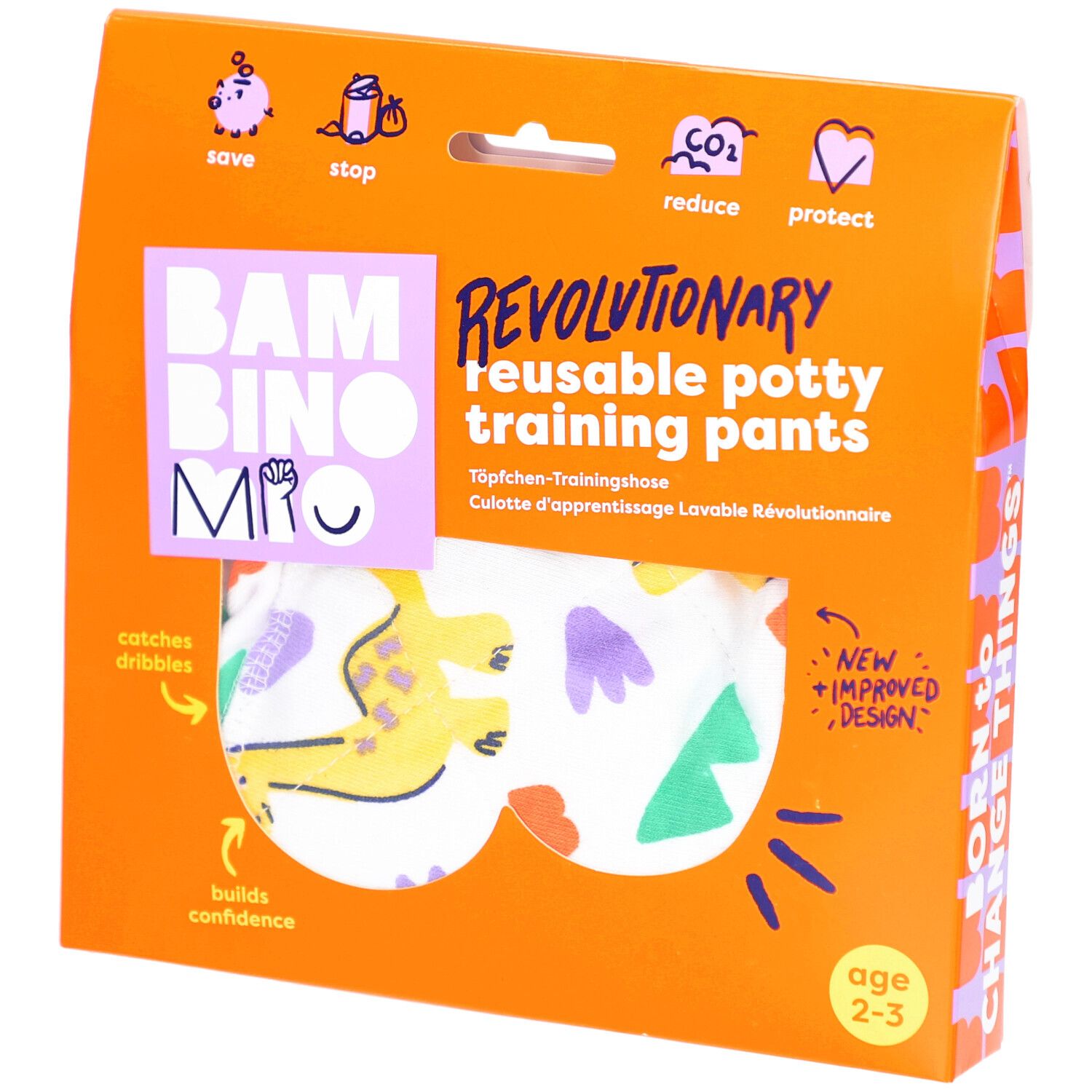 Emballage de culotte d'apprentissage réutilisable. Orange, avec nom du produit et recommandation d'âge 2-3 ans.