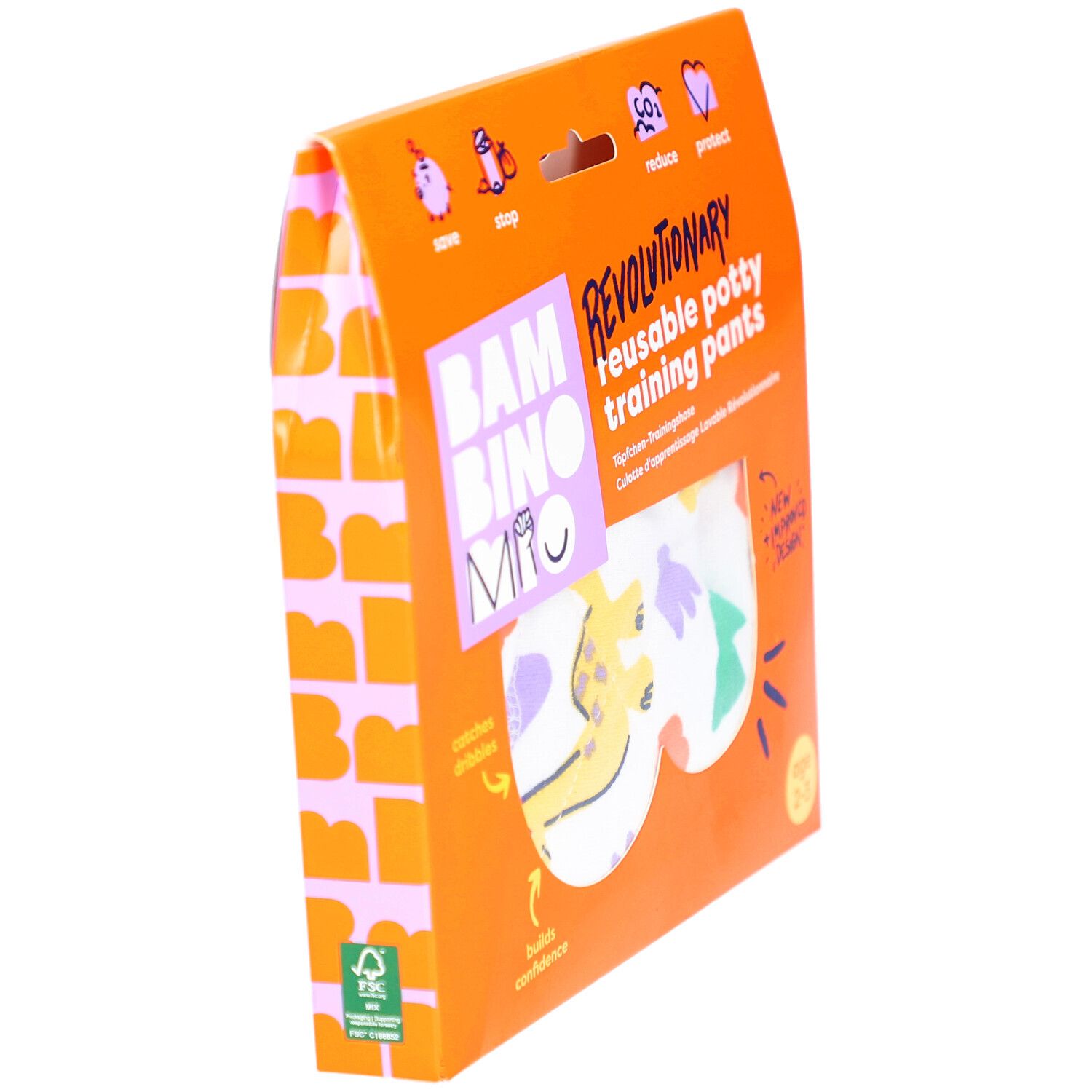 Vue latérale de l'emballage de la culotte d'apprentissage réutilisable. Orange, avec nom du produit et logo.