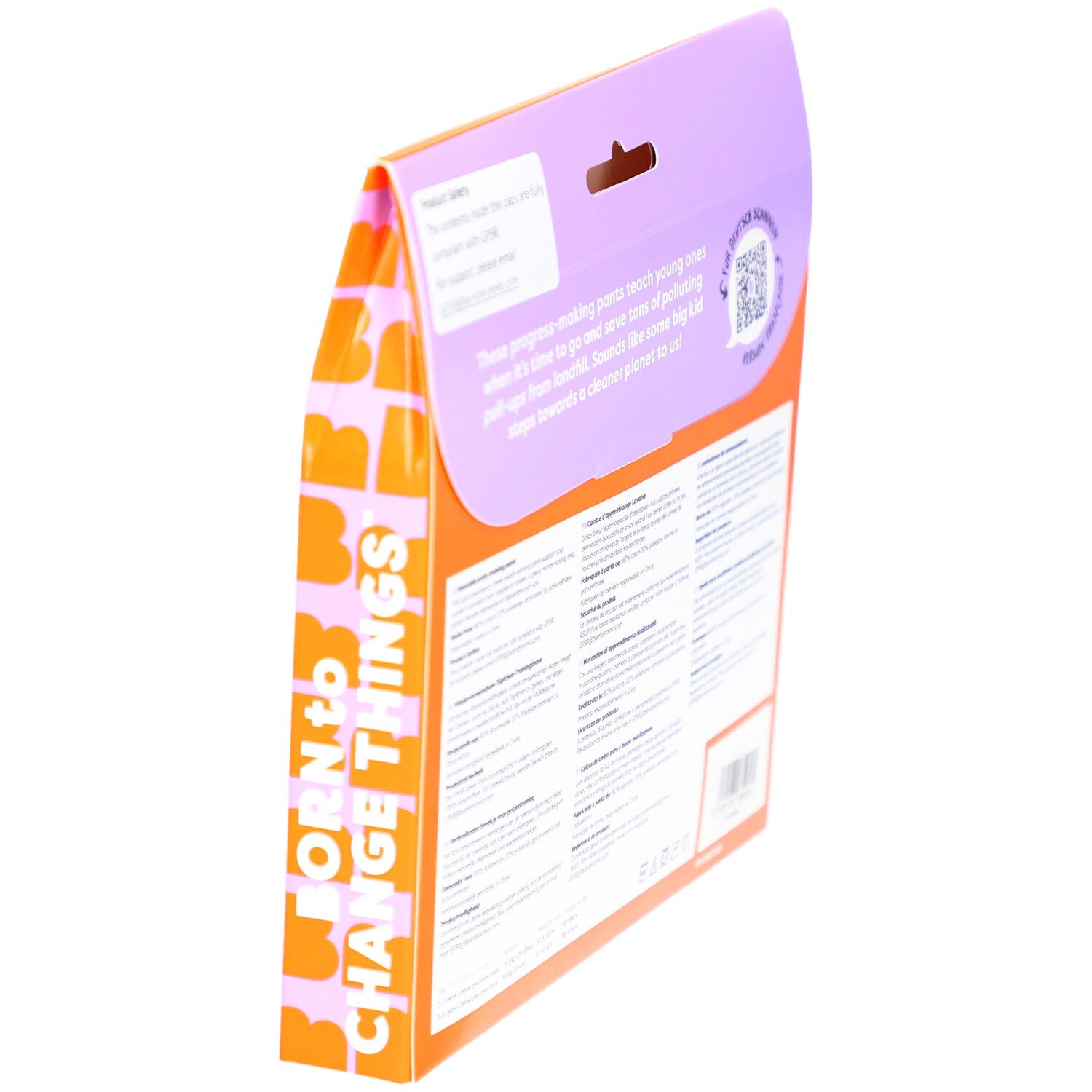 Vue latérale de l'emballage avec texte. Contient des informations sur le produit et un logo.