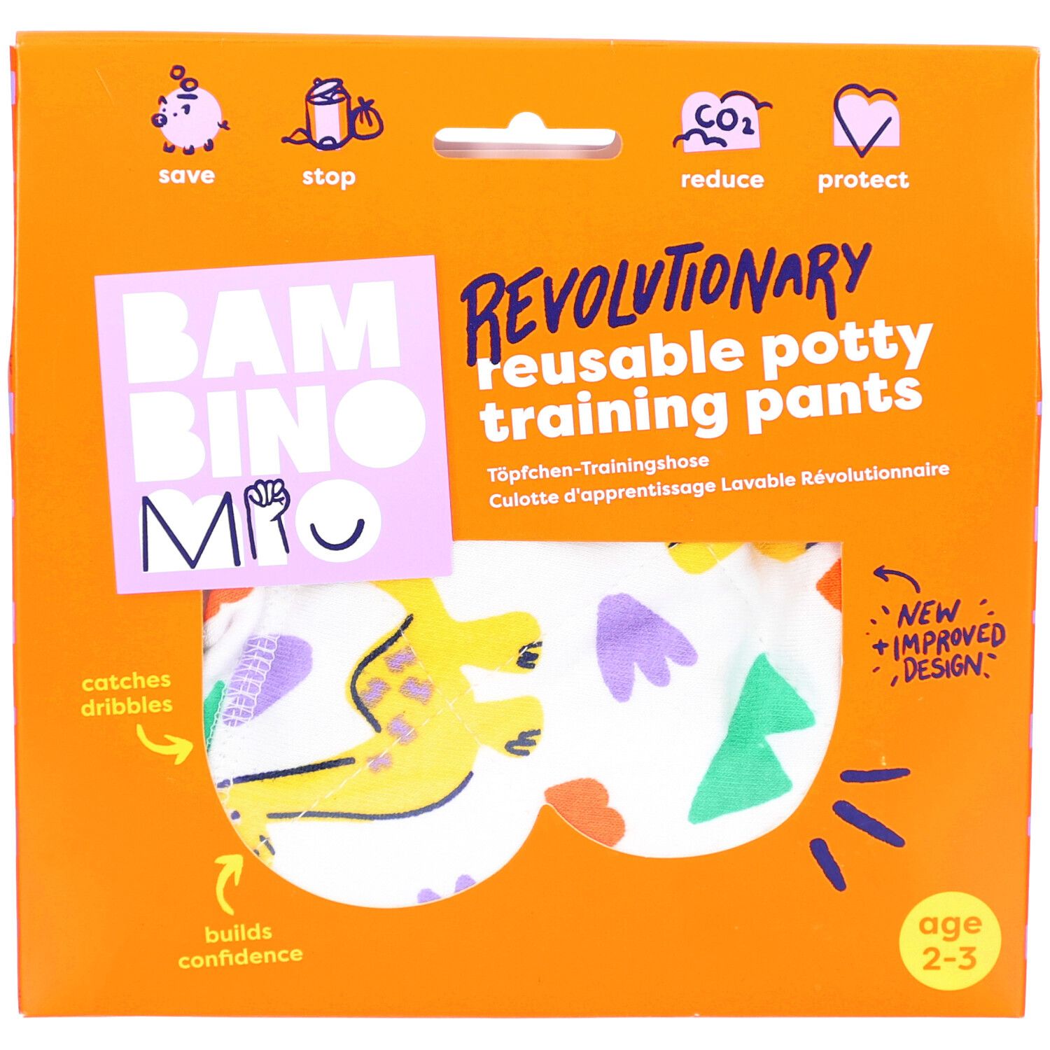Emballage de culotte d'apprentissage réutilisable. Orange, avec nom du produit et recommandation d'âge 2-3 ans.