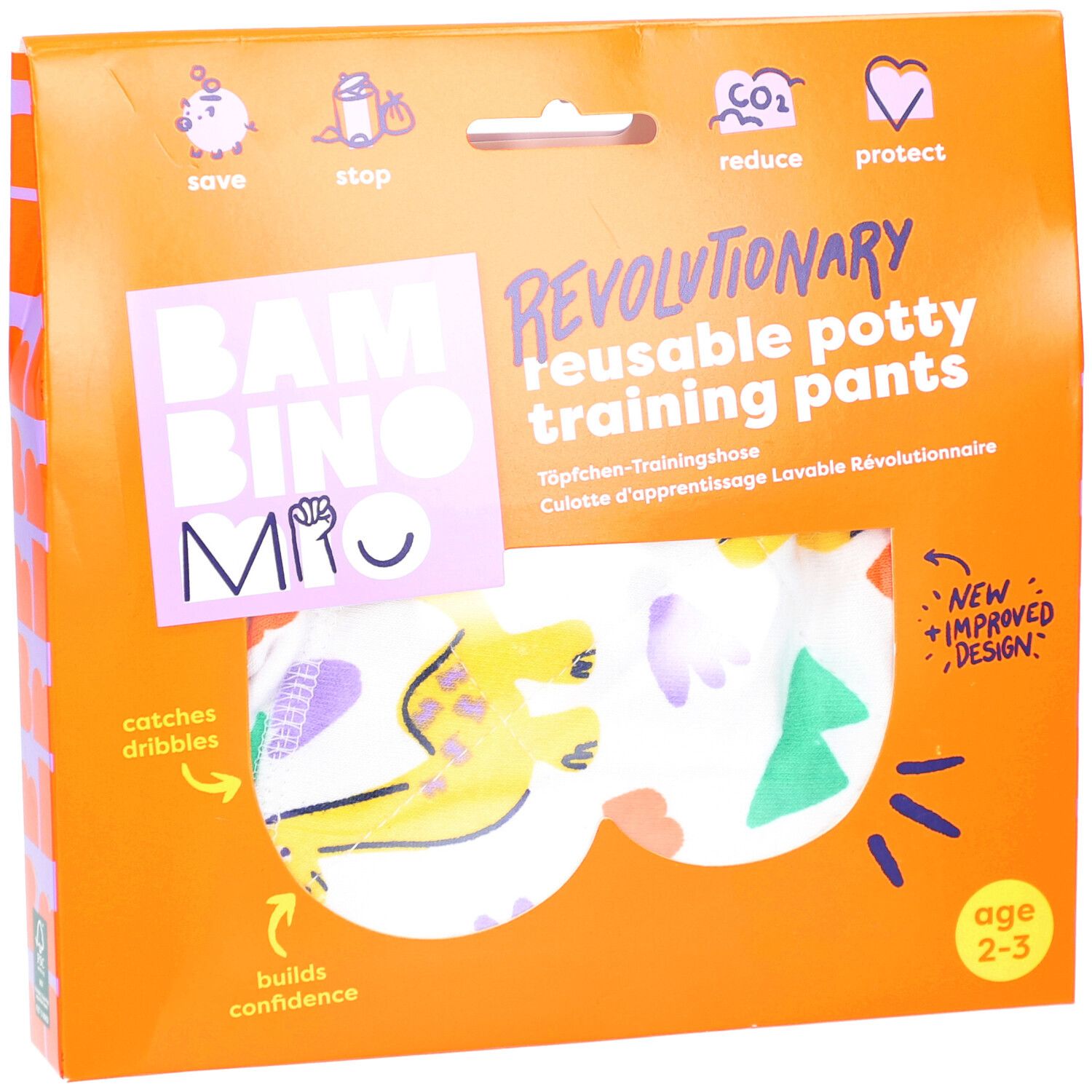 Emballage de culotte d'apprentissage réutilisable. Orange, avec nom du produit et recommandation d'âge 2-3 ans.
