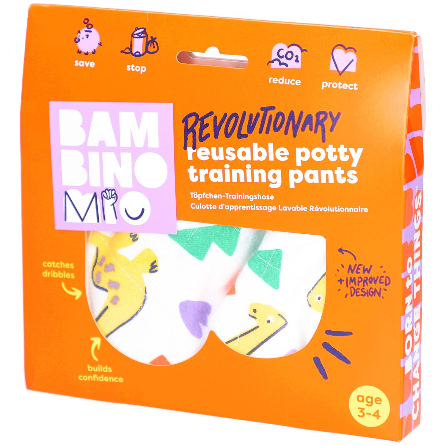 Emballage de culotte d'apprentissage réutilisable. Boîte orange avec image du produit et texte. Âge 3-4 ans.