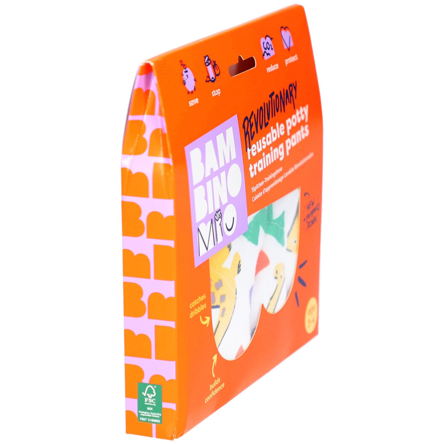Emballage orange de culotte d'apprentissage réutilisable. Vue latérale avec texte et logo FSC. Âge 3-4 ans.
