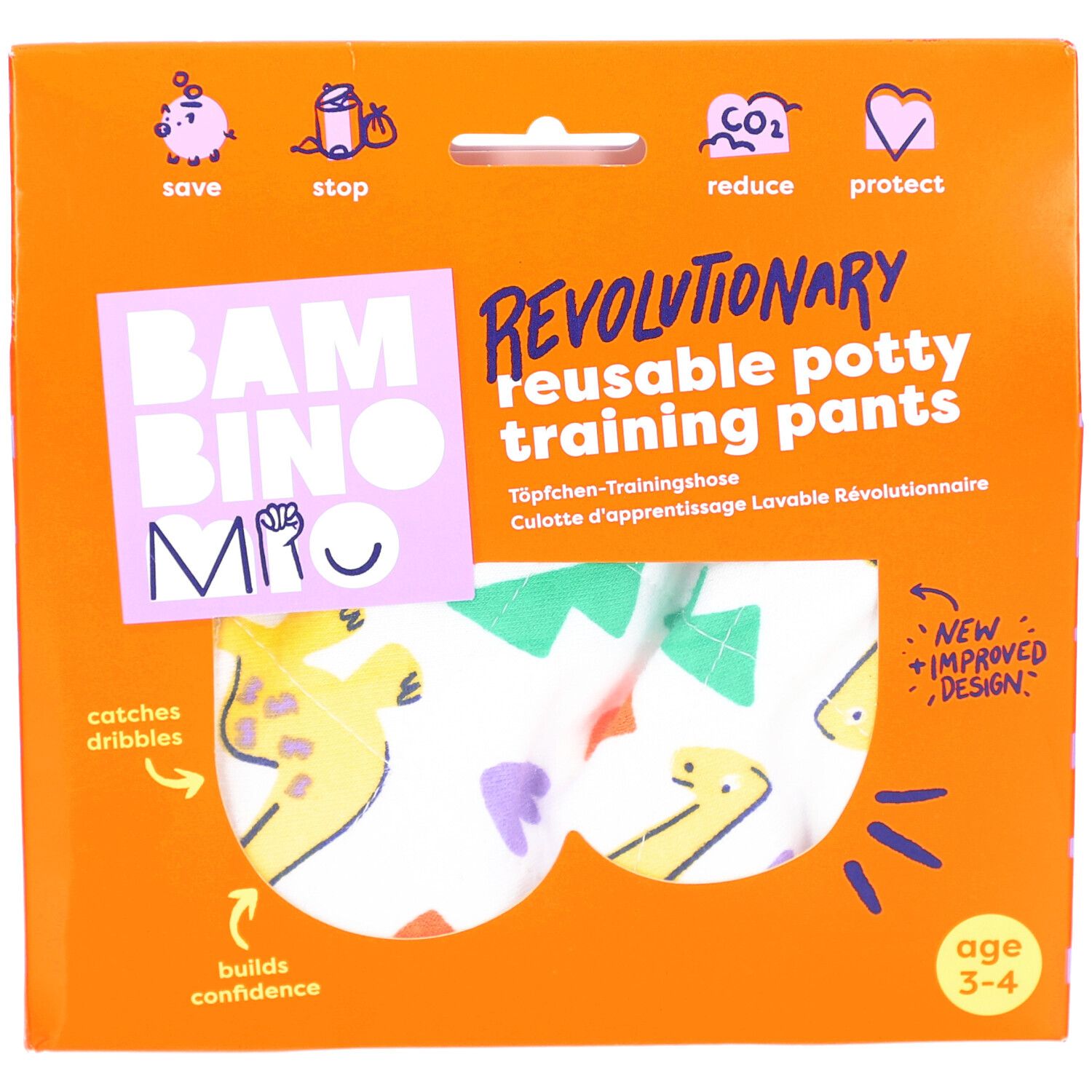Emballage de culotte d'apprentissage réutilisable. Boîte orange avec image du produit et texte. Âge 3-4 ans.