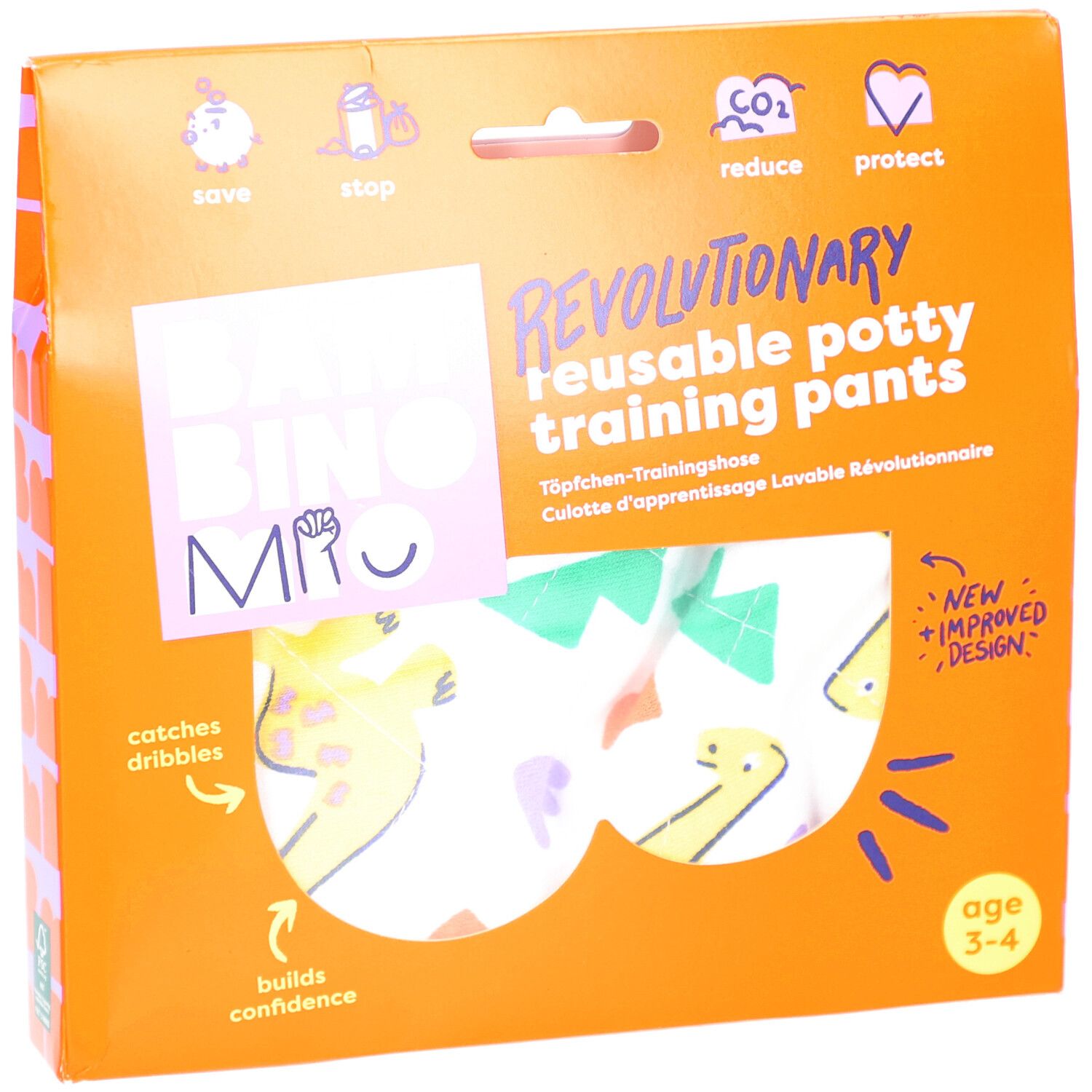 Emballage de culotte d'apprentissage réutilisable. Boîte orange avec image du produit et texte. Âge 3-4 ans.