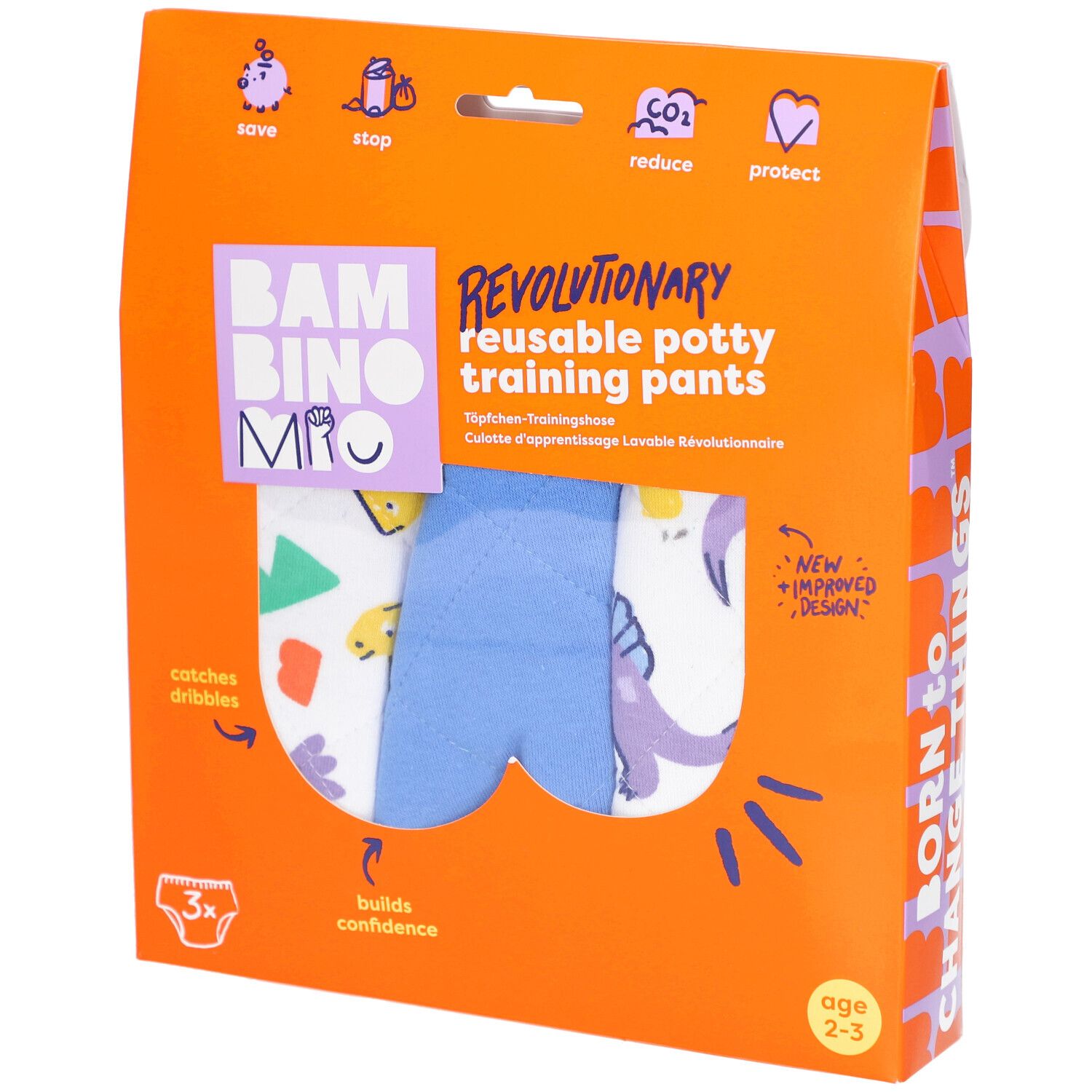 Emballage de culottes d'apprentissage réutilisables. Visible : 3 culottes, emballage orange avec informations et logo du produit.