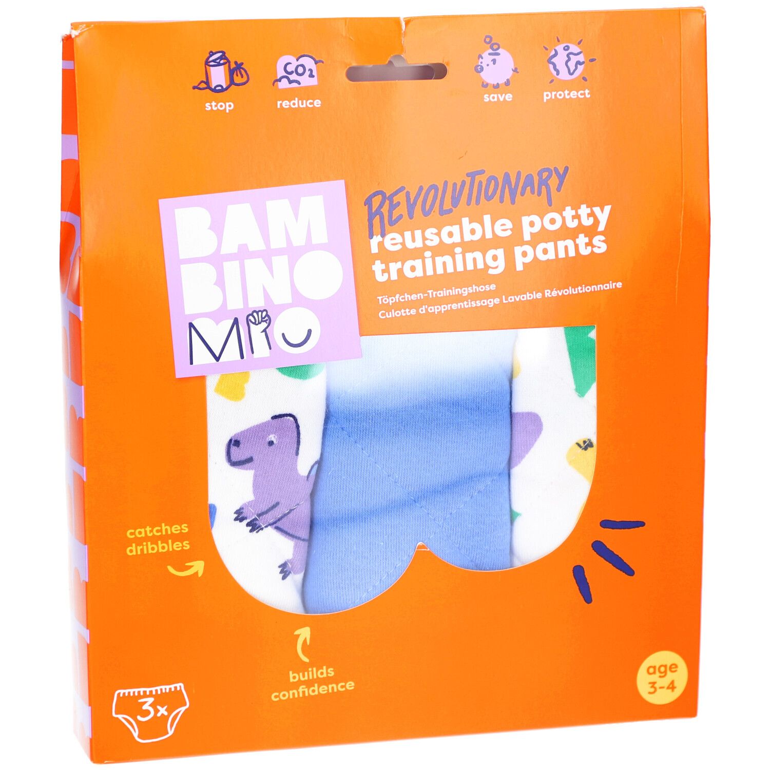Emballage orange pour culottes d'apprentissage réutilisables. Motifs dinosaures et informations produit. Pour enfants de 3-4 ans.