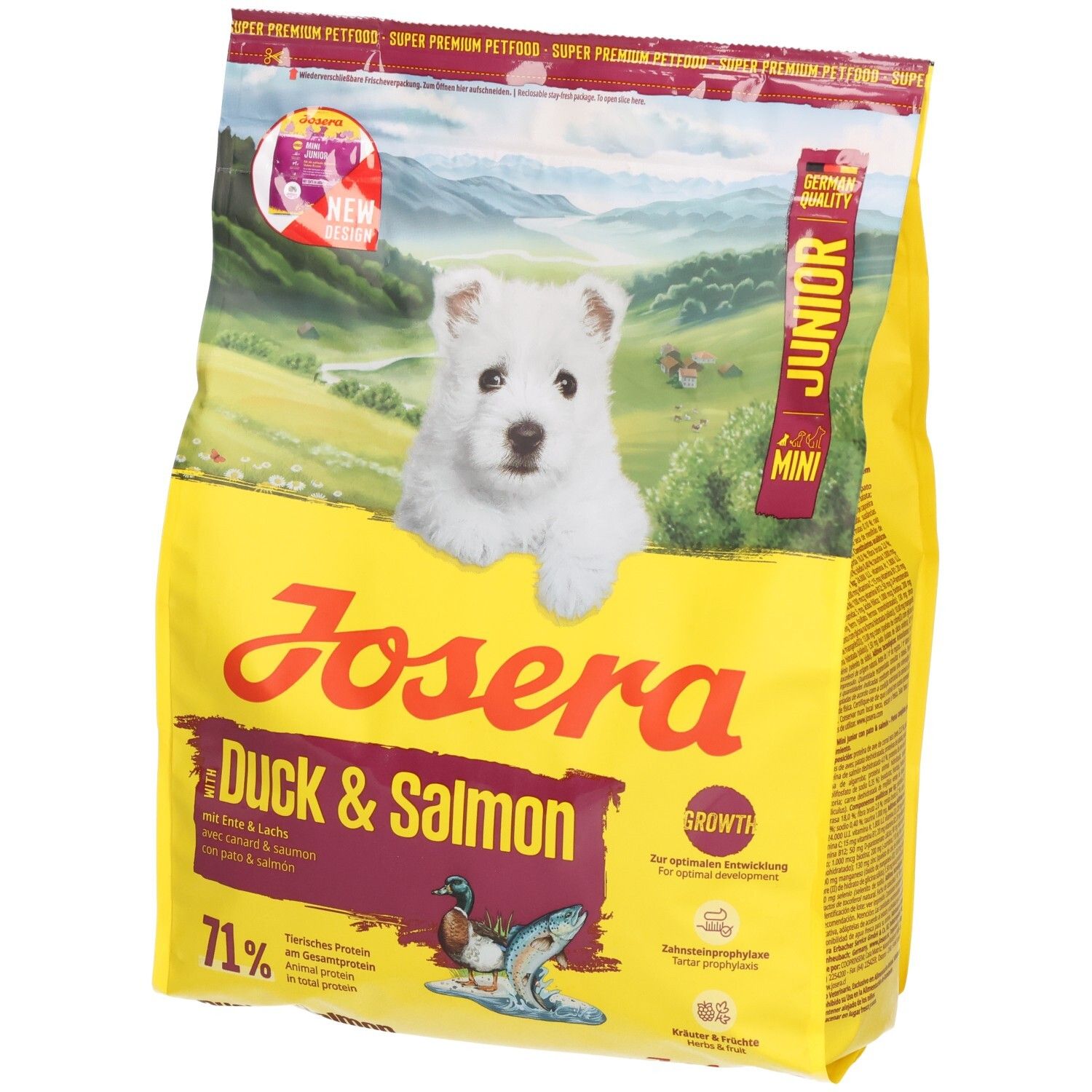 Sac jaune JOSERA Duck & Salmon. Image d'un chiot. Texte : Junior, Mini, 71%. Canard & Saumon.