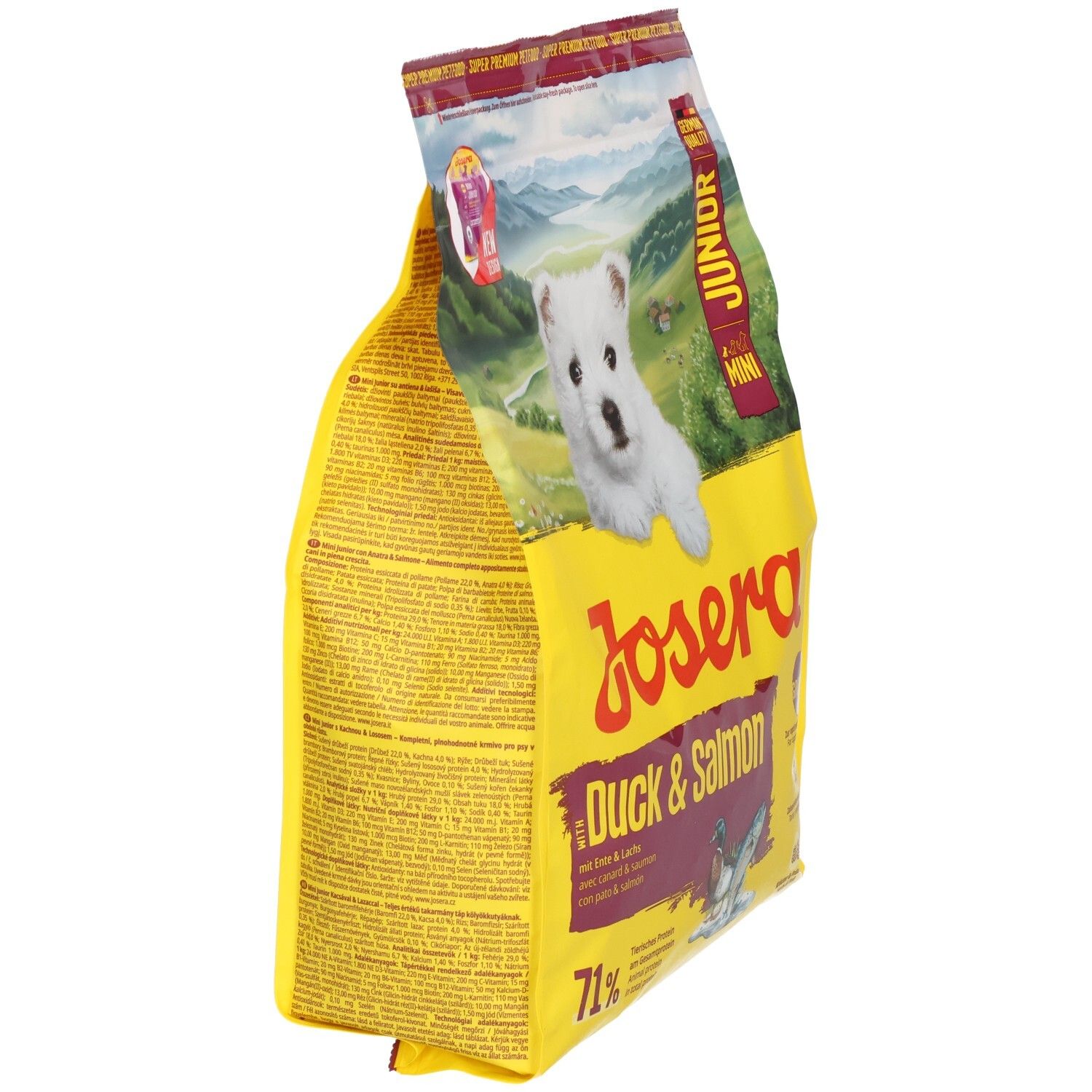 Sac jaune JOSERA Duck & Salmon, vue latérale. Texte : Junior, Mini, 71%. Canard & Saumon. Emballage.