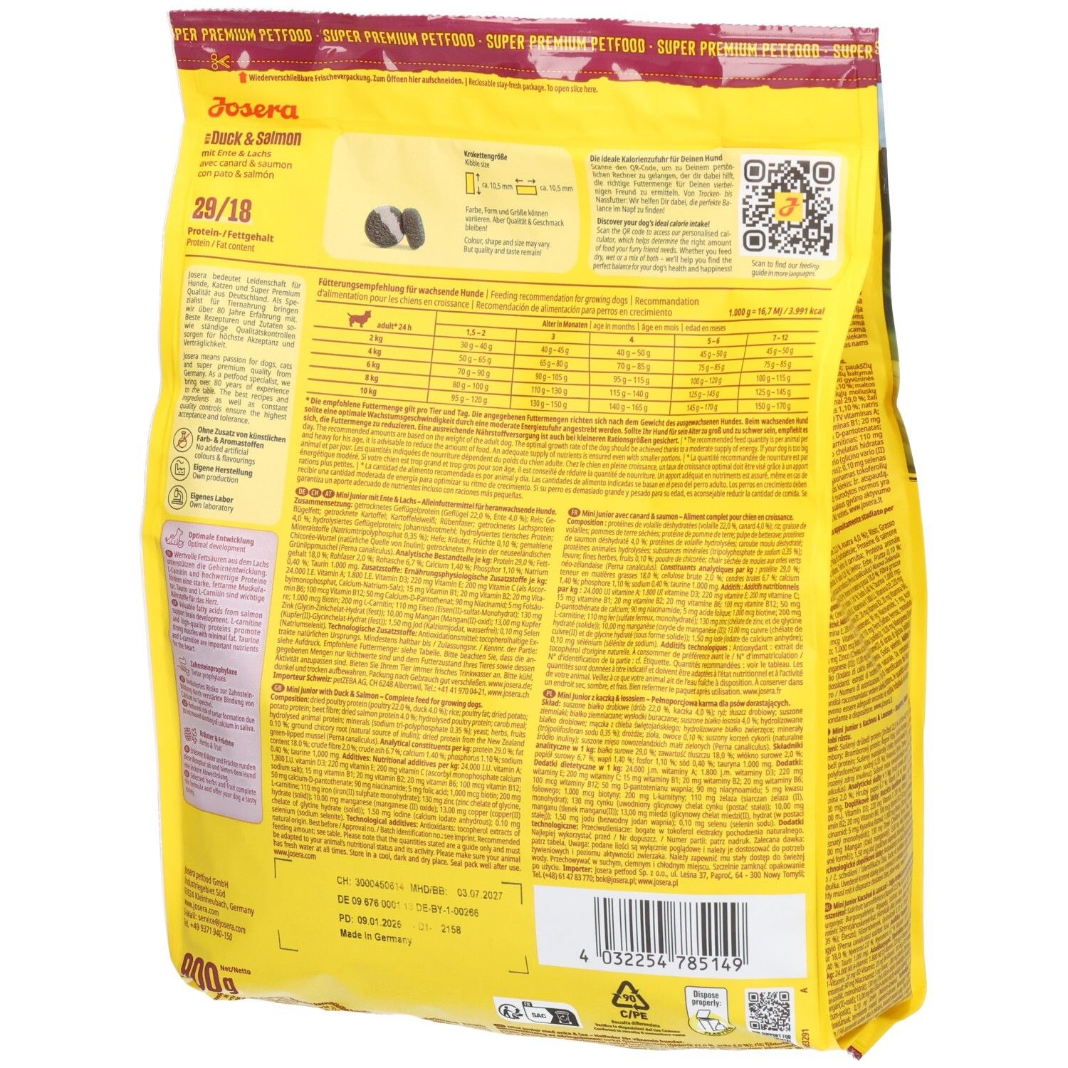 Dos du sac jaune JOSERA Duck & Salmon. Texte et informations nutritionnelles. Code QR.