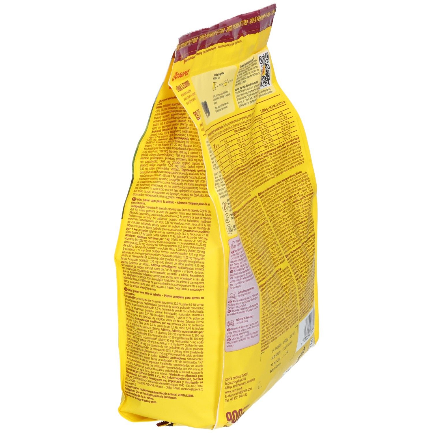 Sac jaune JOSERA Duck & Salmon, vue latérale. Texte et informations. Emballage.