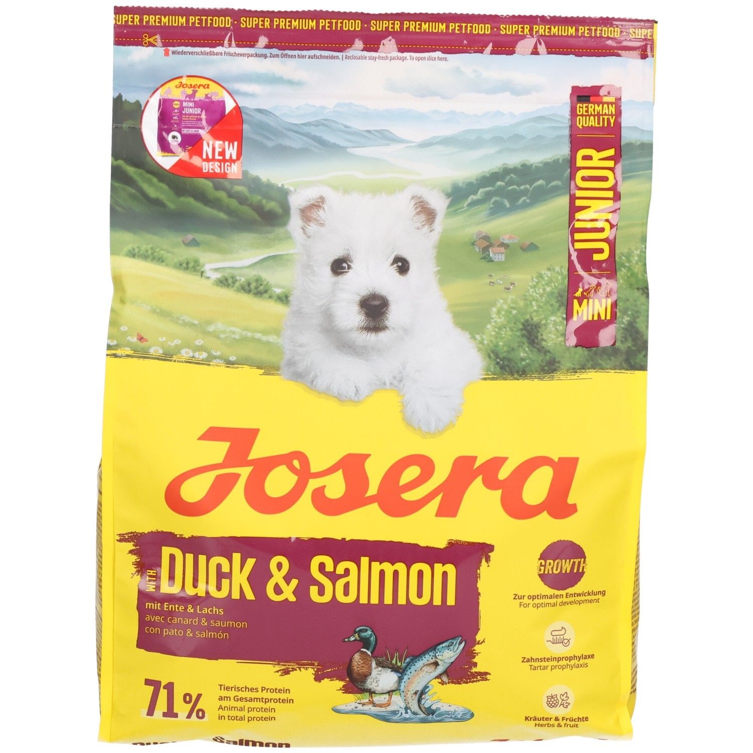 Sac jaune JOSERA Duck & Salmon. Image d'un chiot. Texte : Junior, Mini, 71%. Canard & Saumon.