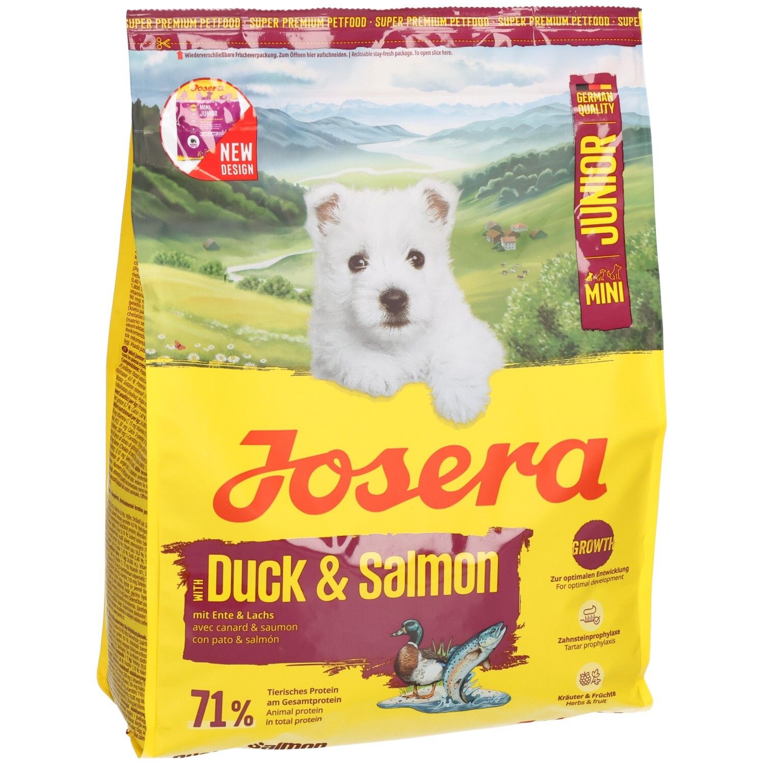 Sac jaune JOSERA Duck & Salmon. Image d'un chiot. Texte : Junior, Mini, 71%. Canard & Saumon.