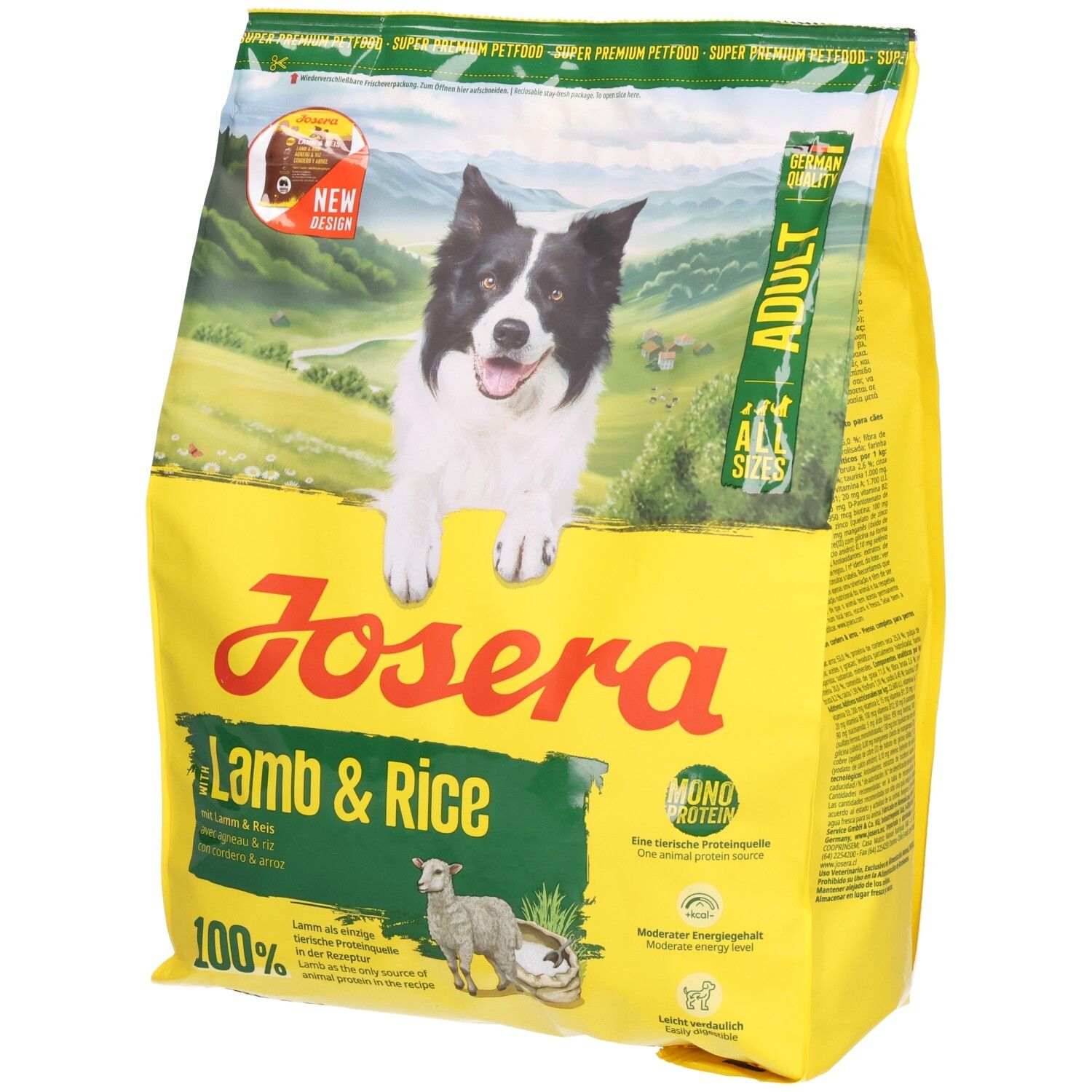 Vue latérale d'un sac de nourriture pour chiens Josera Agneau & Riz avec informations et image de chien.