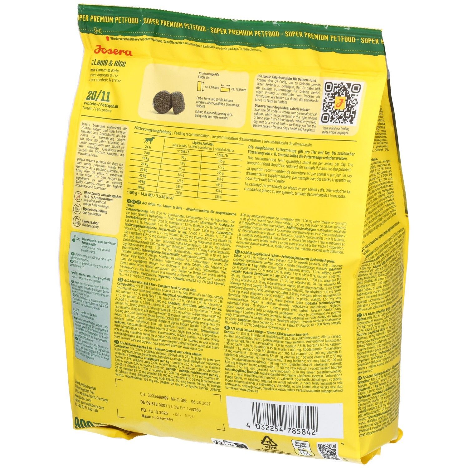 Dos d'un sac de nourriture pour chiens Josera Agneau & Riz avec tableau nutritionnel et guide d'alimentation.