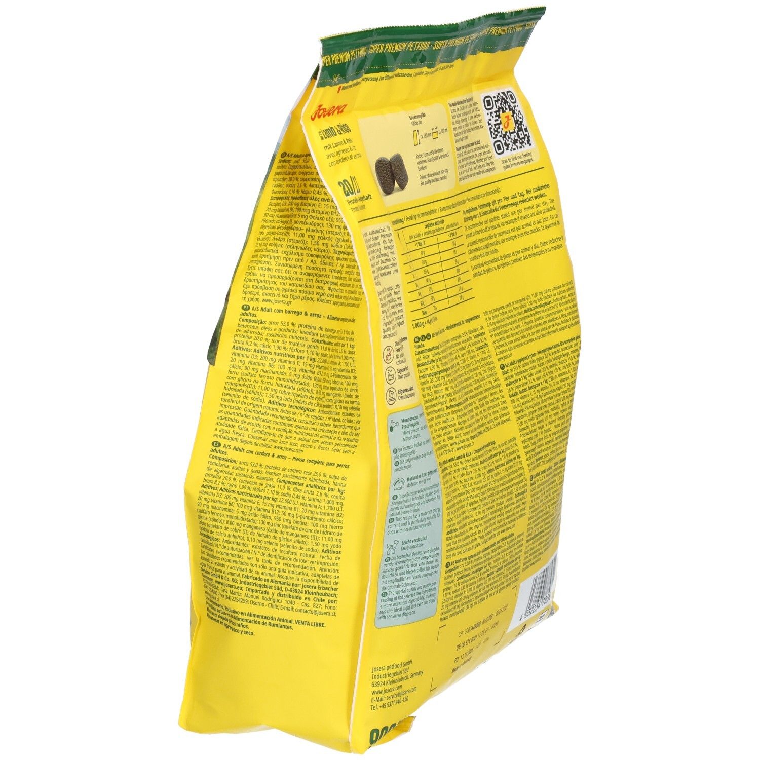 Vue latérale d'un grand sac jaune de nourriture pour chiens Josera SensiPlus, avec informations détaillées et tableaux nutritionnels.