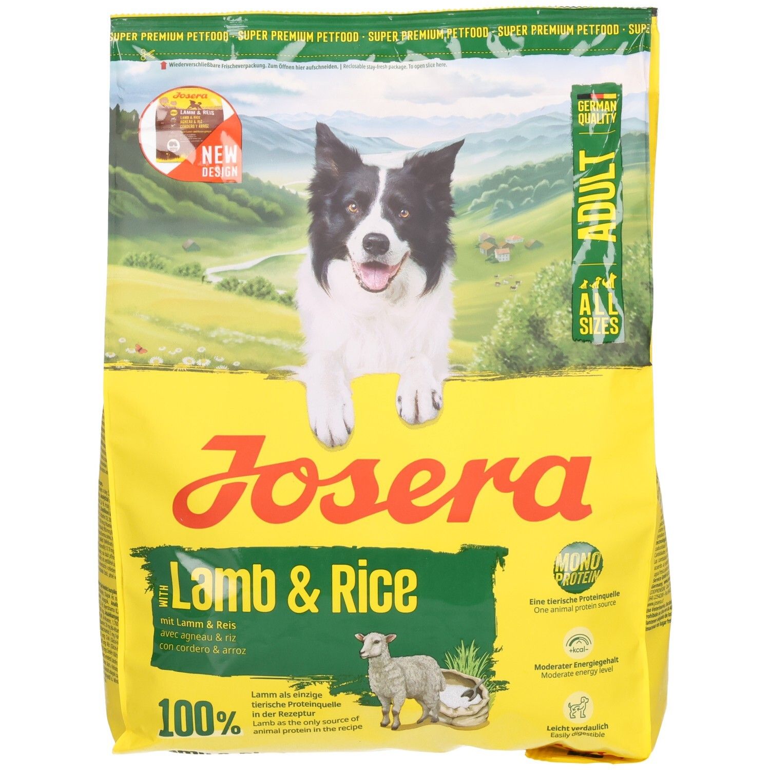 Sac de nourriture pour chiens Josera Agneau & Riz pour adultes, avec image d'un Border Collie et d'un agneau.