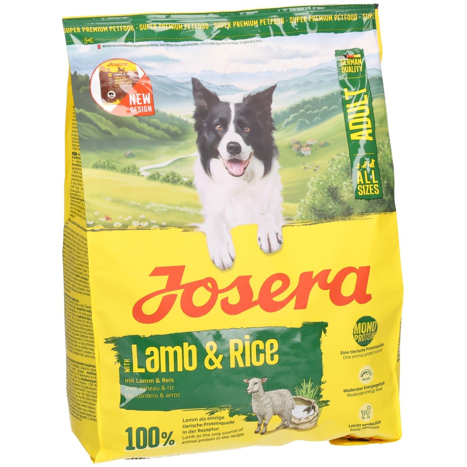 Sac de nourriture pour chiens Josera "Chicken & Rice" pour adultes, avec image d'un Jack Russell Terrier et d'un poulet.