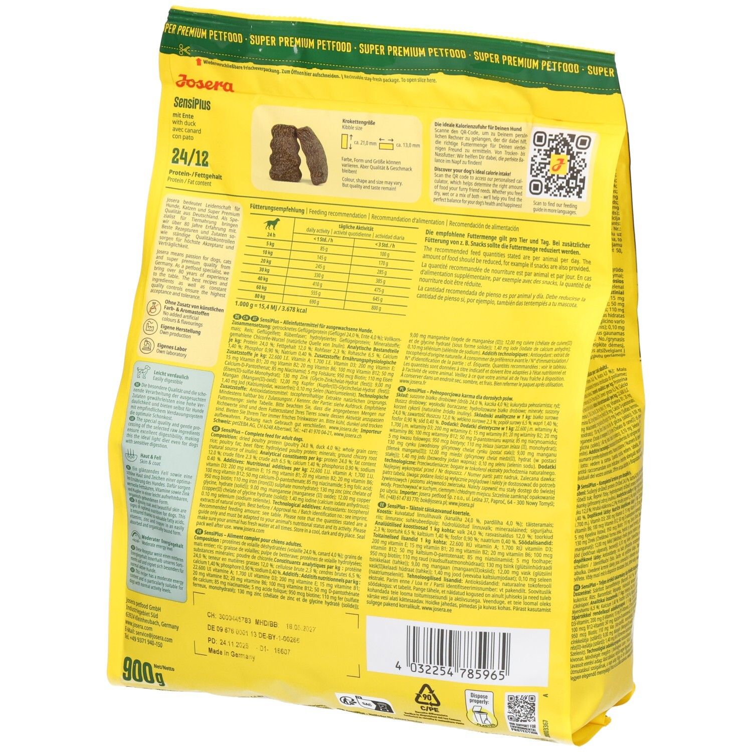 Dos d'un sac de nourriture pour chien Josera SensiPlus avec tableau nutritionnel et ingrédients.