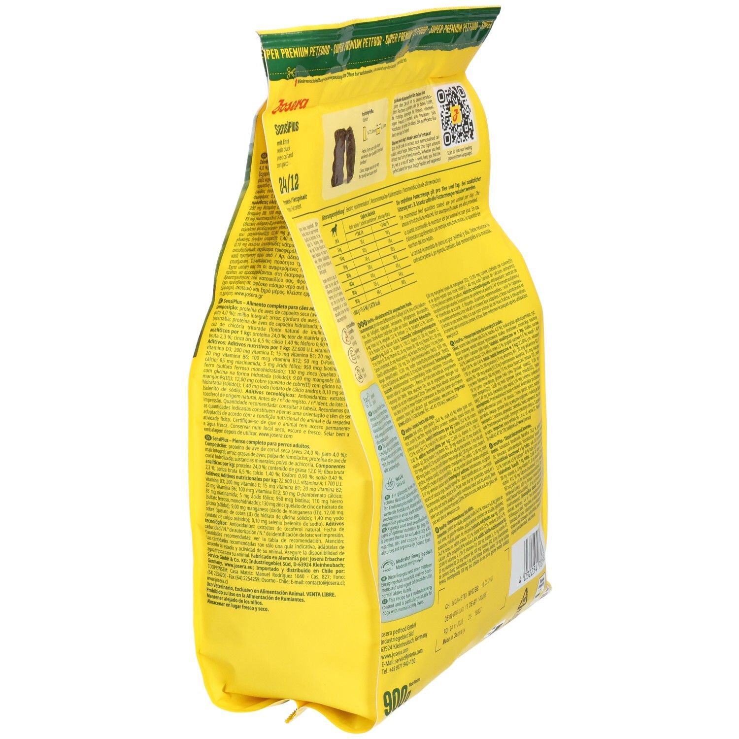 Dos d'un sac de nourriture pour chien Josera Light & Vital avec tableau nutritionnel et ingrédients.