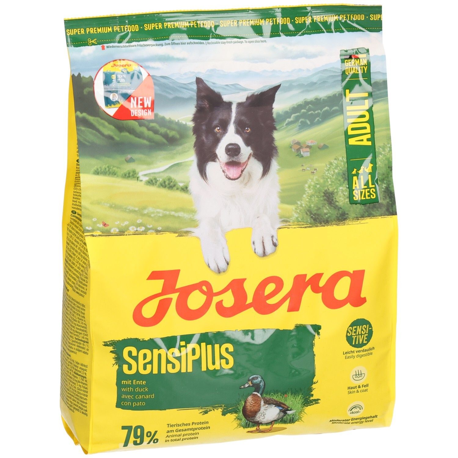 Sac de nourriture pour chien Josera SensiPlus avec un Border Collie et informations pour chiens sensibles.