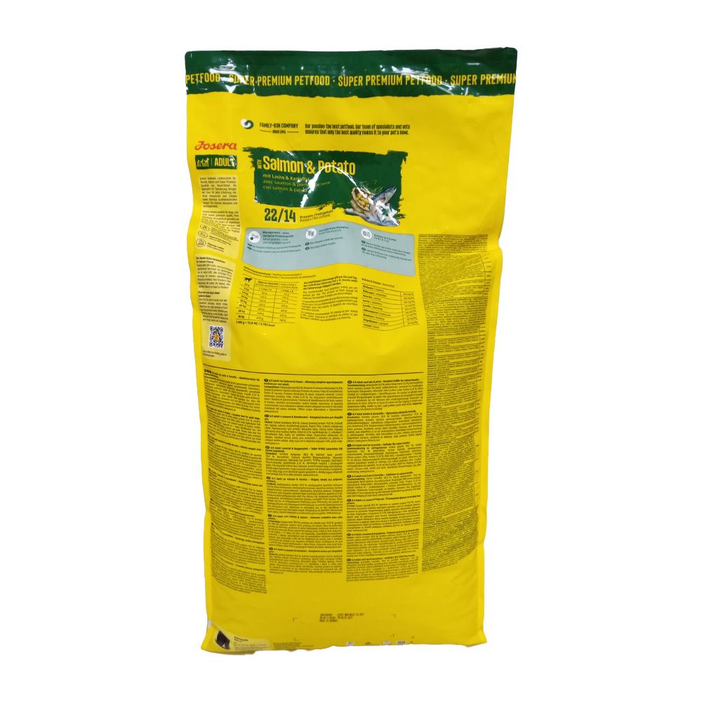 Dos du sac jaune. Texte et informations. Inscription "JOSERA Salmon & Potato". Détails vert et jaune.