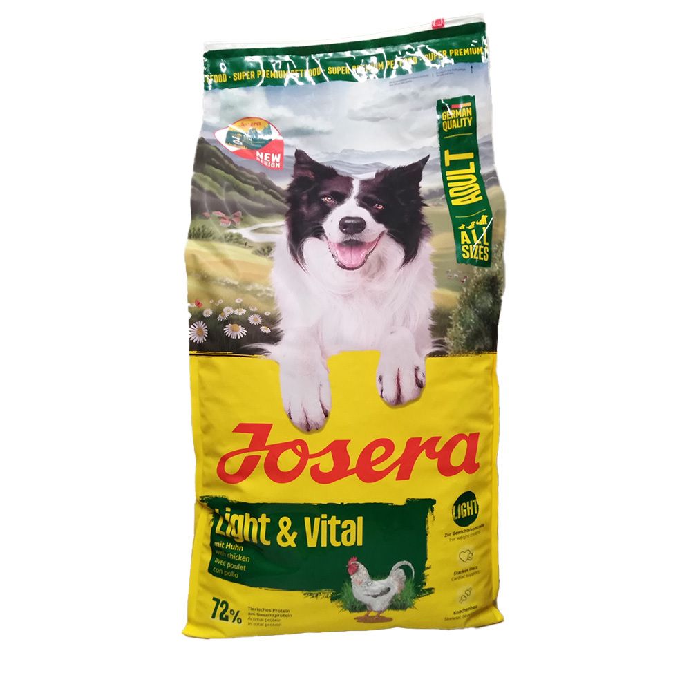 Sac de nourriture pour chiens Josera "Light & Vital" pour adultes, avec image d'un Border Collie et d'un poulet.