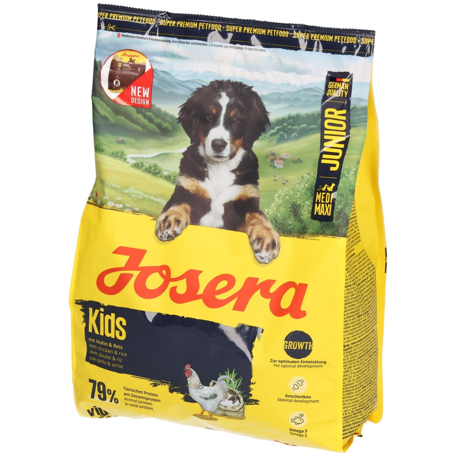 Sac de nourriture pour chien Josera Junior Kids avec motif de chiot Bouvier Bernois.