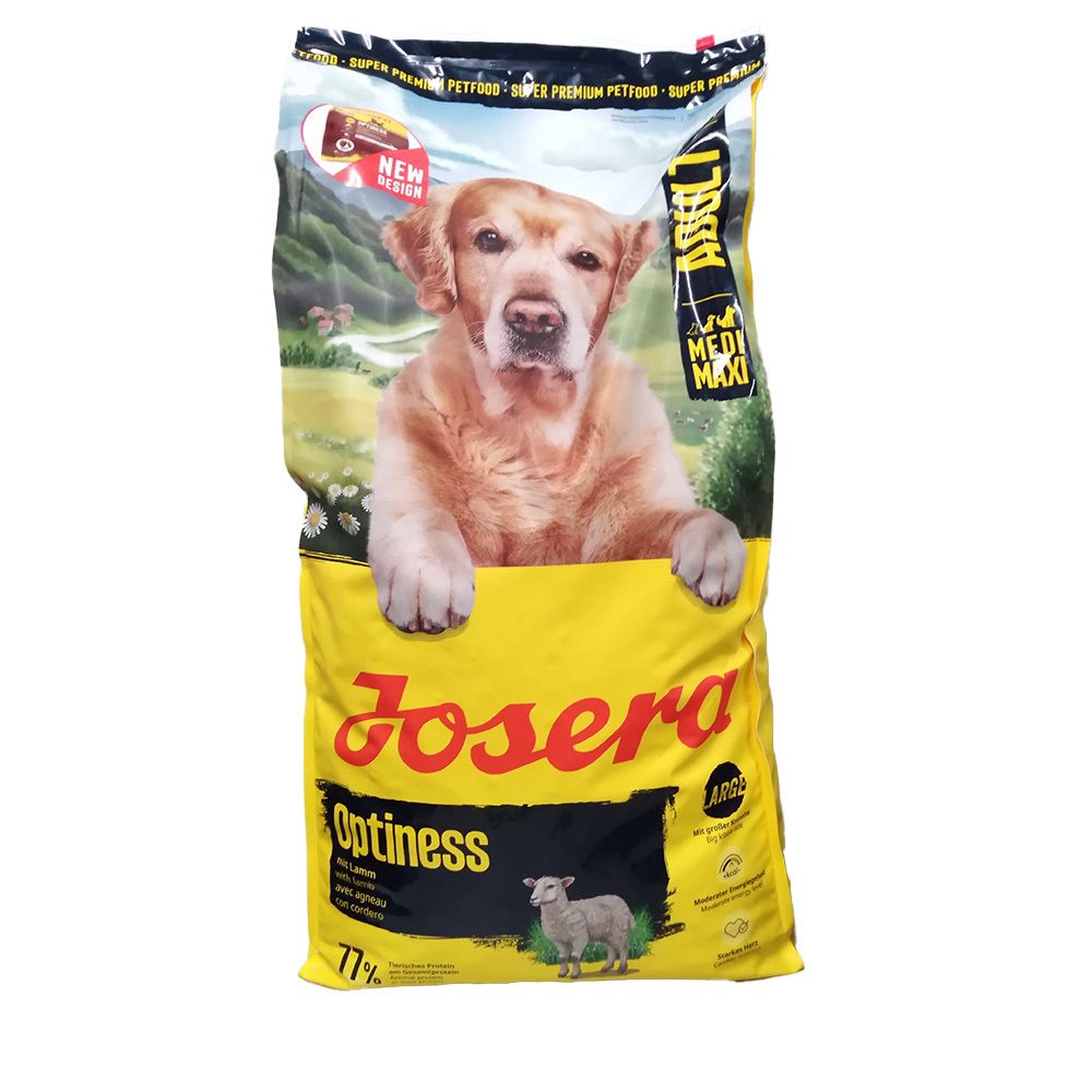 Sac jaune de nourriture pour chiens. Inscription : Josera Optiness, chien, agneau, riz. Logo et texte.